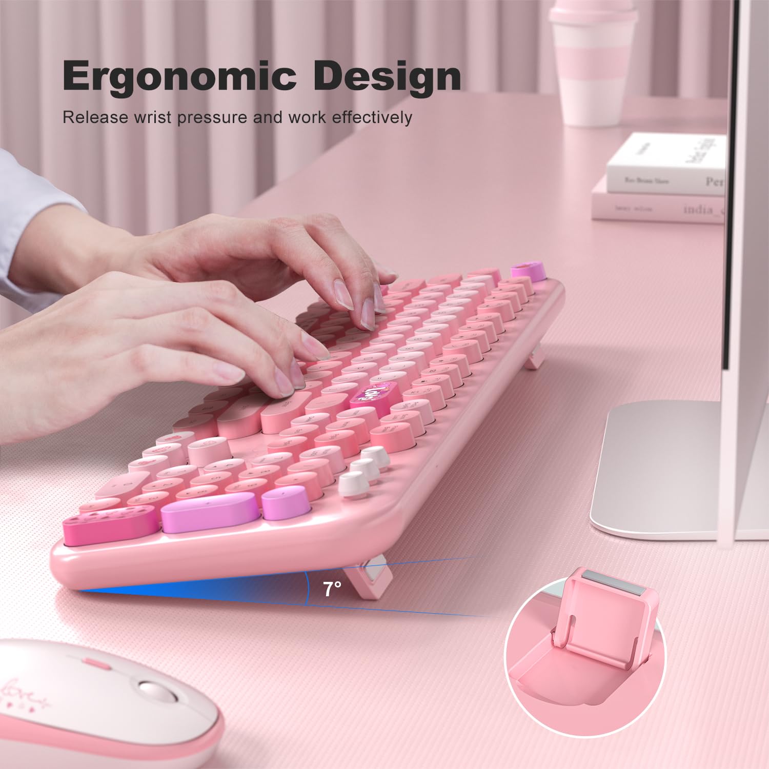 MOFII Wireless Keyboard Mouse Combo - Retro Typewriter Style for PC Laptop (Pink) - Perfect for Office & Home Use