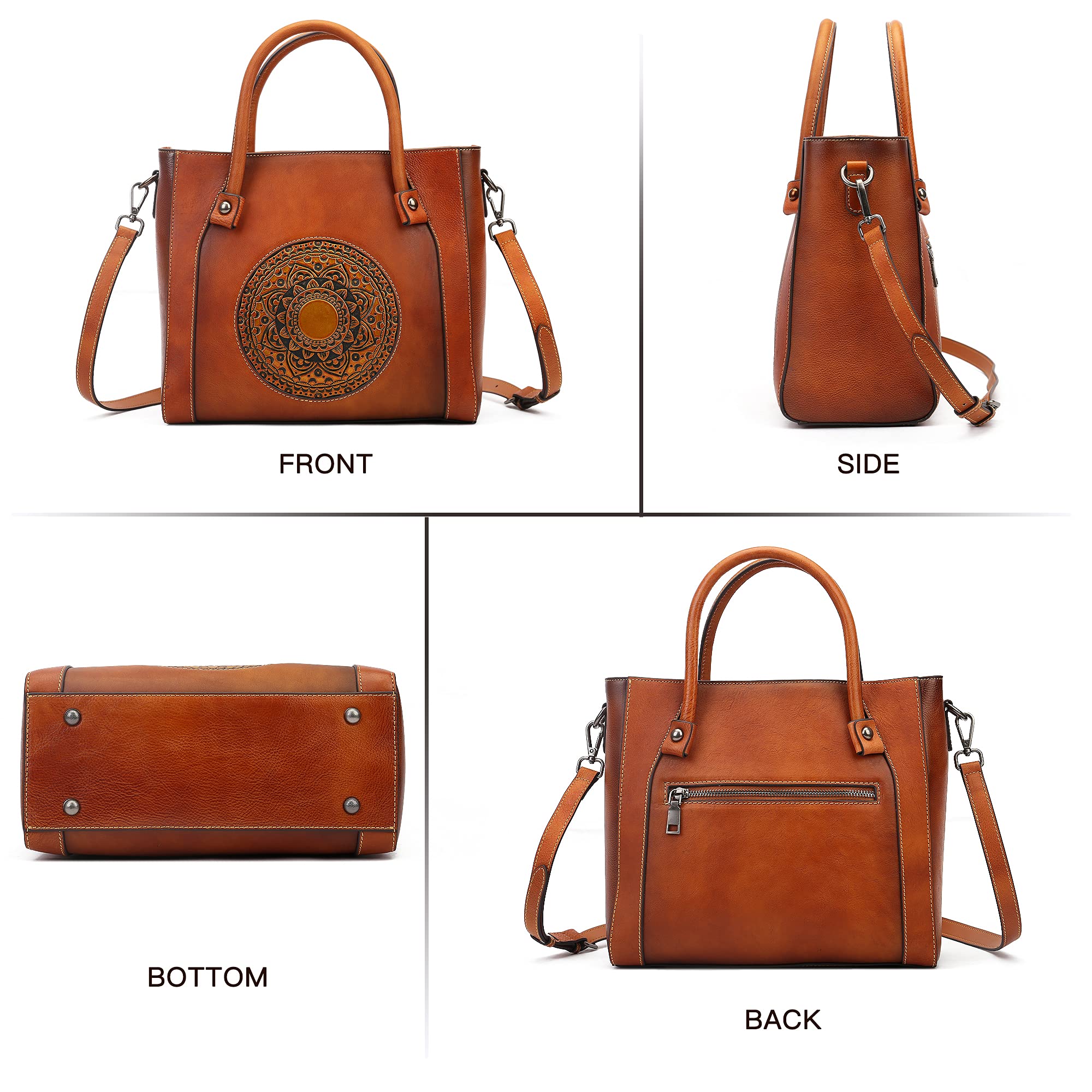 Genuine Leather Handbag for Women - Retro Embossed Mandala Designer Purse, Handmade Italian Leather Tote Bag - Perfect for Work, Travel & Everyday Use