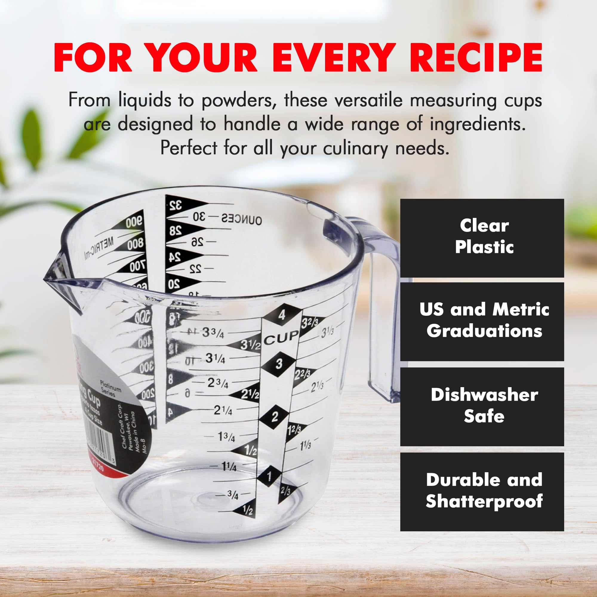 Chef Craft Select Plastic Measuring Cup - 4 Cup Capacity, Clear & Durable for Baking, Cooking, and Liquid Measurements | Perfect for Kitchen, Recipes, and Meal Prep