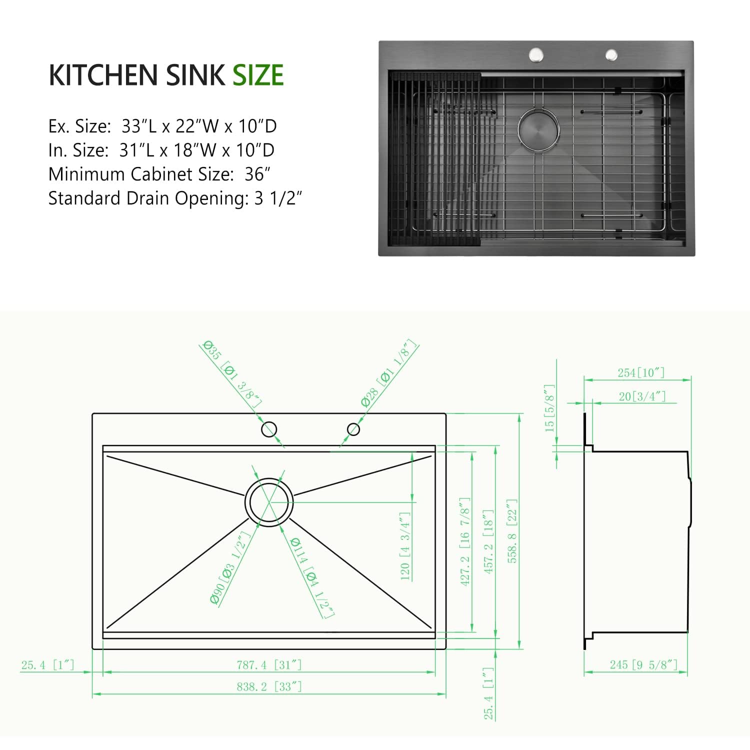 33x22 Inch Black Drop-In Kitchen Sink - 16 Gauge Stainless Steel Topmount Single Bowl Workstation Sink for Modern Kitchens | Perfect for Cooking, Washing Dishes & Food Prep