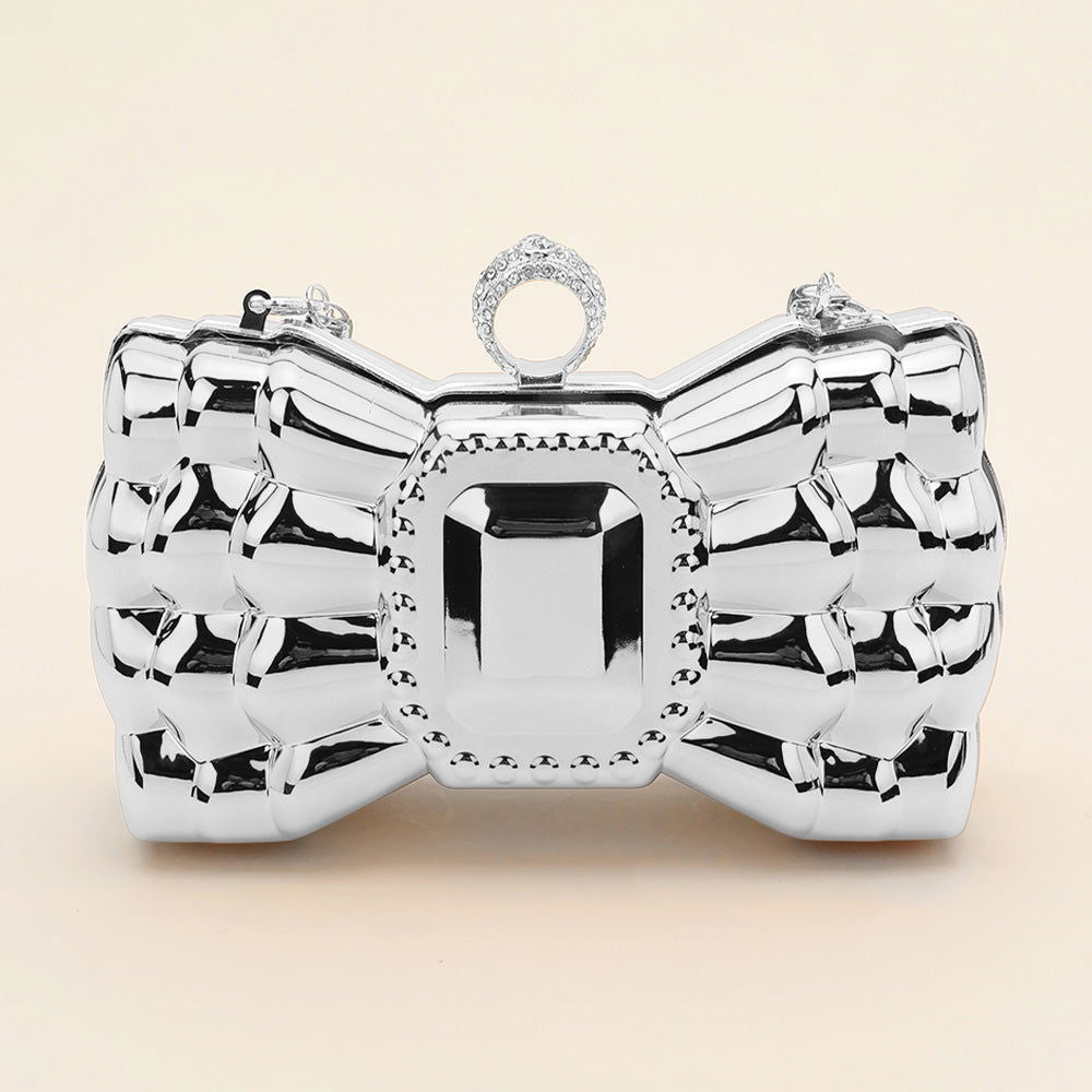 Elegant Silver Metallic Bow Clutch Evening Bag & Crossbody Purse for Women | Perfect for Weddings, Parties & Formal Events