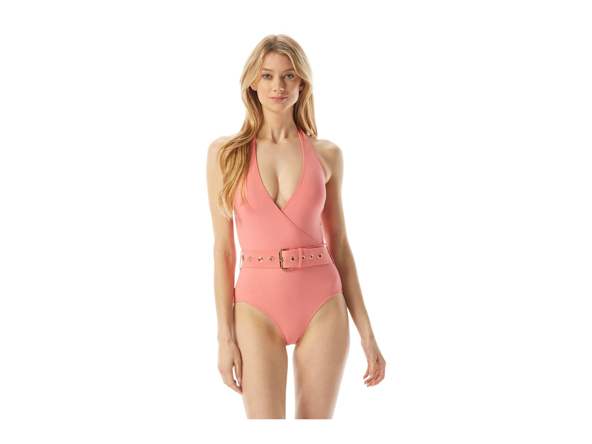 Michael Kors Women's Solid Color Surplice Halter One-Piece Swimsuit - Stylish Beachwear for Pool, Vacation & Summer Outings