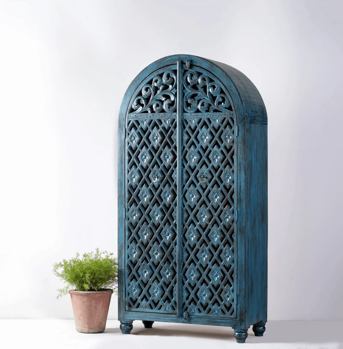 Vintage Hand Carved Wooden Armoire - Blue Distressed Finish | Handmade Solid Wood Wardrobe for Bedroom, Living Room & Storage | Perfect for Farmhouse, Rustic & Vintage Home Decor