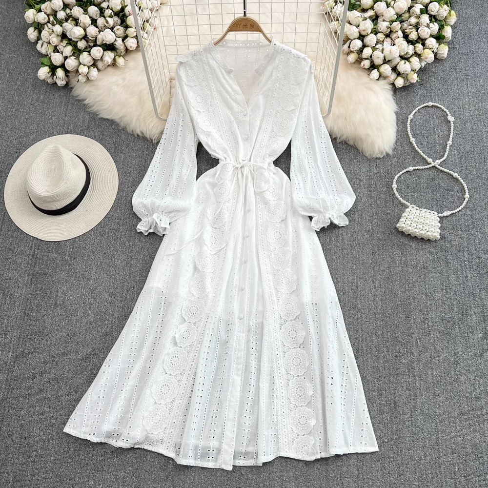 Elegant Fairy White V-Neck Hollow Lace Dress for Women - Perfect for Weddings, Parties & Special Occasions