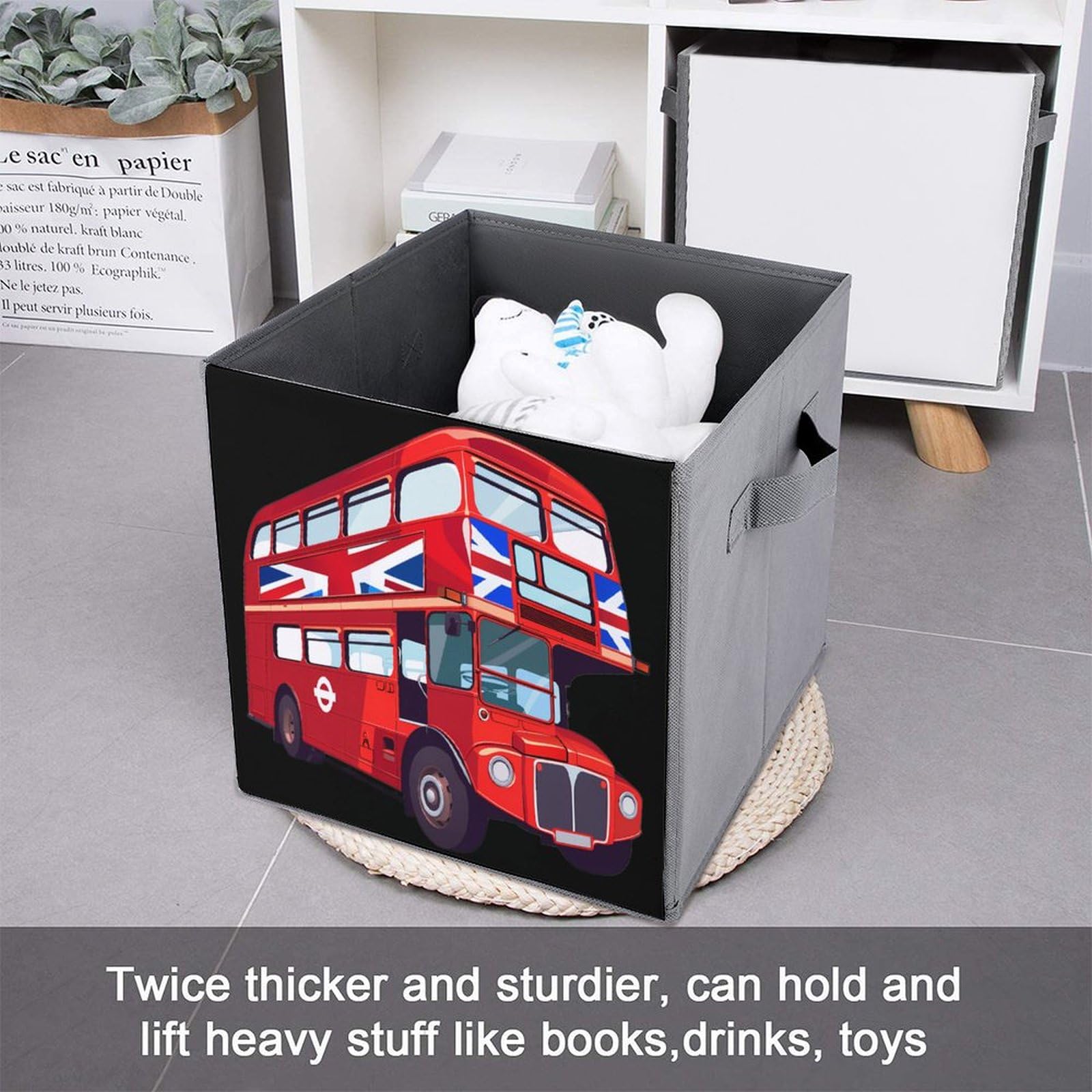 London UK Red Double Decker Bus Folding Storage Bins - 4 Pack Collapsible Organizer Baskets with Handles for Kids Room, Bathroom & Office Organization