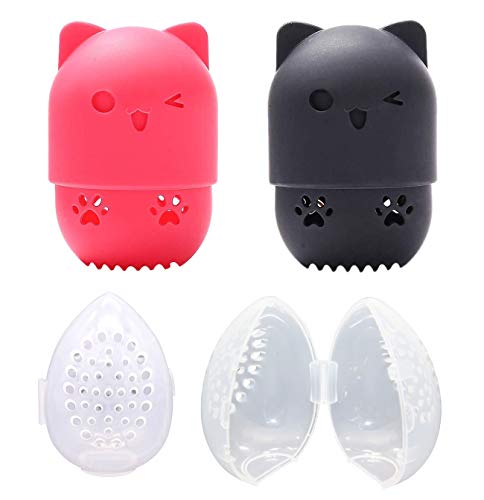 2 Pack Silicone Makeup Sponge Case - Travel Beauty Blender Holder (Black/Red) for On-the-Go Touchups
