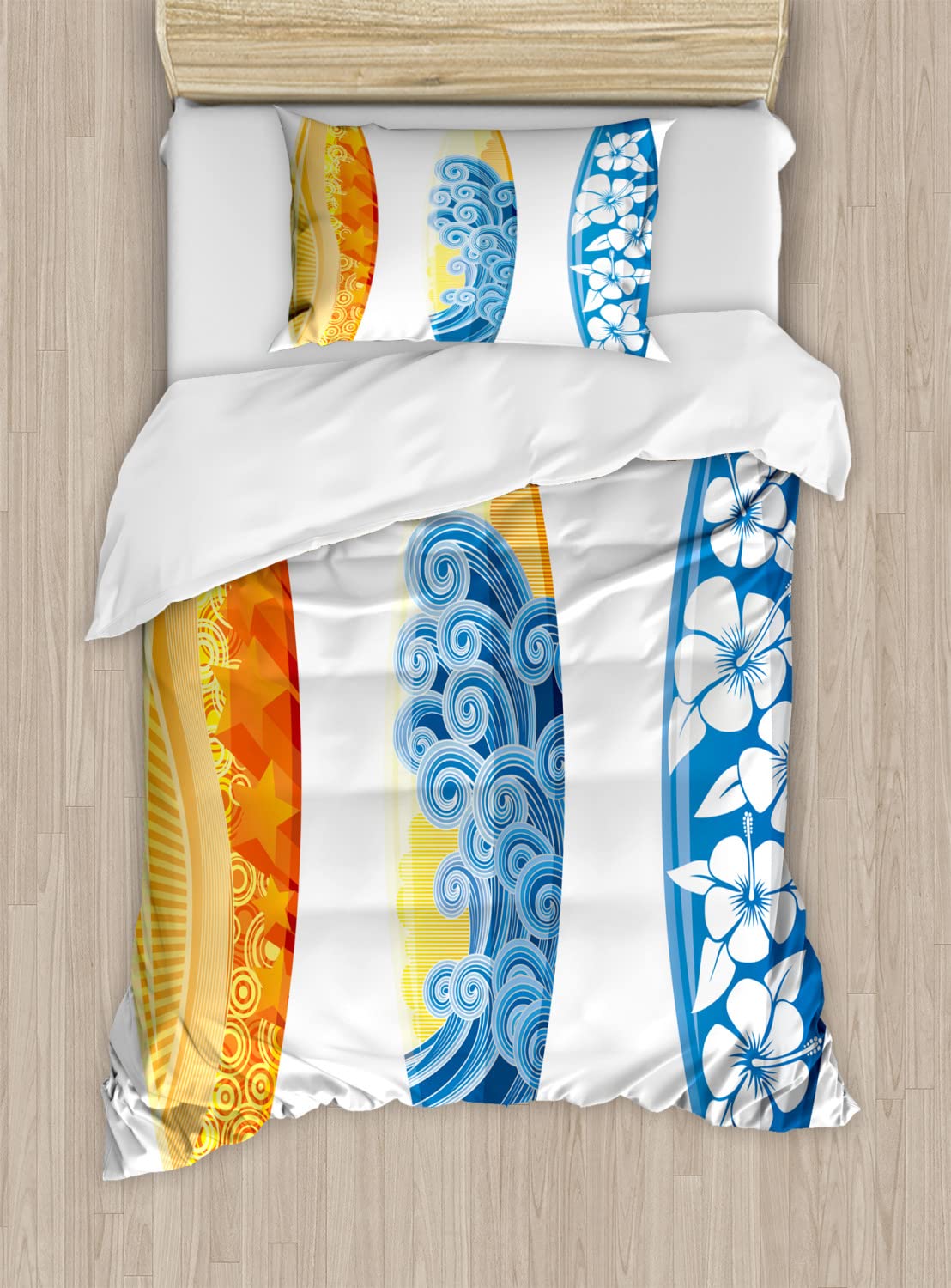 Ambesonne Surf Duvet Cover Set - Colorful Surfboard & Ocean Waves Design, 2-Pack Twin Size Bedding Set with 2 Duvet Covers & 2 Pillowcases, Blue & Orange - Perfect for Beach House, Surf Enthusiast Bedroom, or Coastal Themed Decor