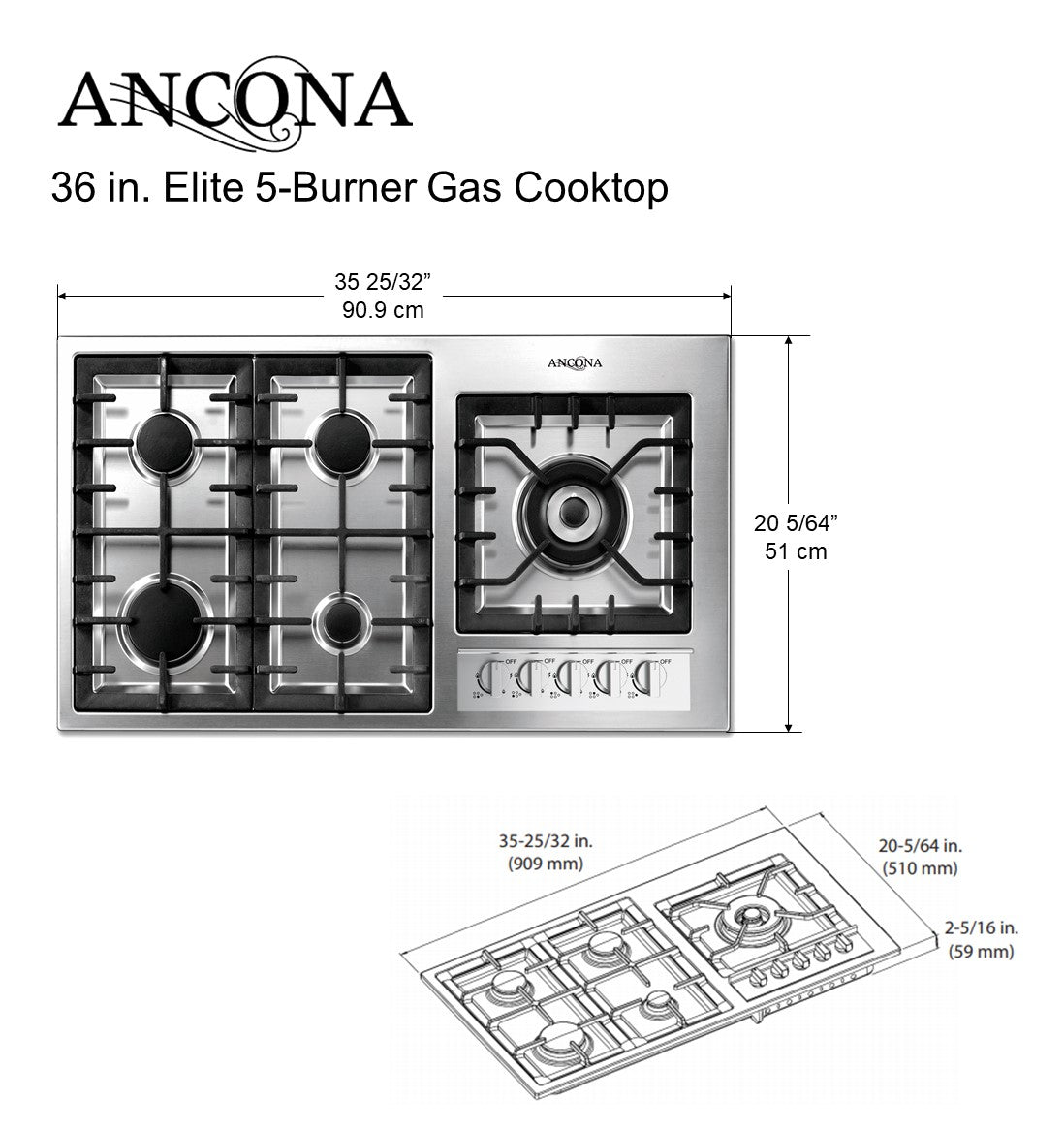36 Inch 5-Burner Professional Gas Cooktop with Wok Support - Perfect for Home Chefs & Asian Cooking