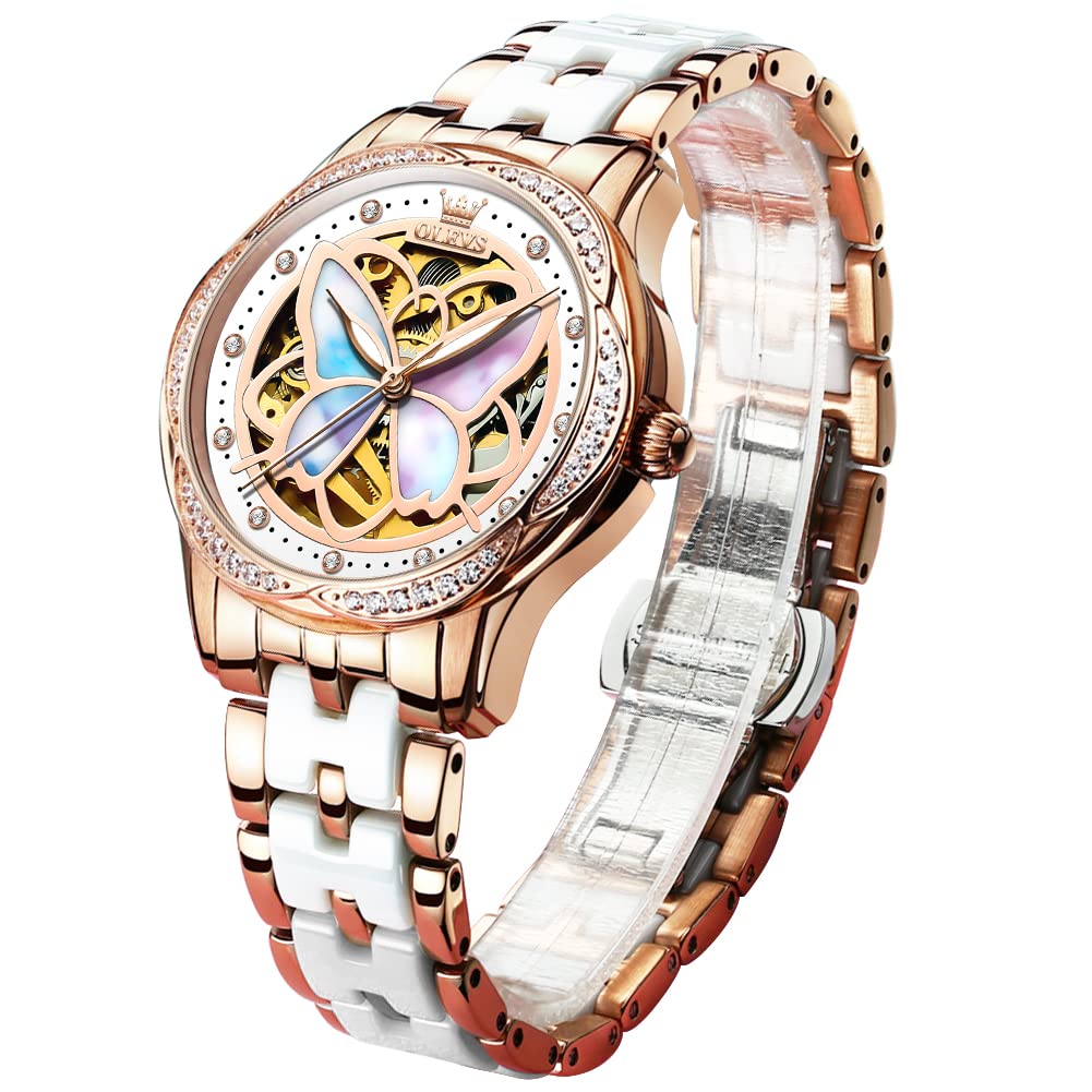 OLEVS Women's Automatic Watch - Premium Large Face Diamond Accented Self-Winding Dress Watch with Two-Tone Stainless Steel & Ceramic Bracelet, Waterproof & Fashionable for Everyday Wear, Office, Parties & Special Occasions