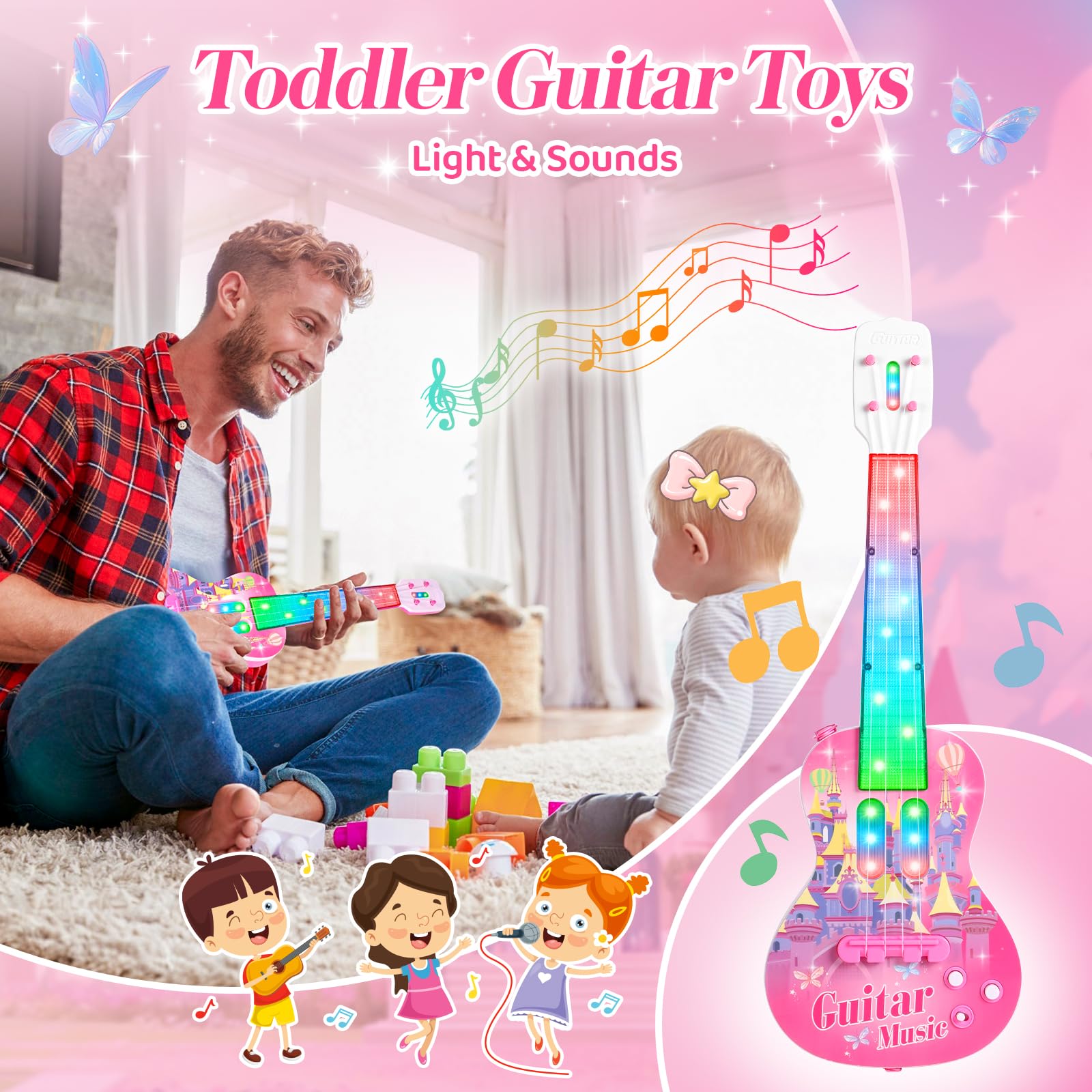 Kids Electric Guitar and Microphone Playset - 4-String Musical Toy Guitar with Adjustable Stand, LED Music Lights & Karaoke Function - Perfect Birthday Gift for Boys & Girls | Home Music Party, Stage Performance & Early Childhood Education