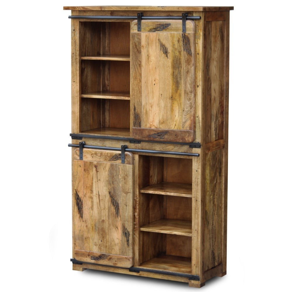 Industrial Mango Wood Cabinet - Large Sliding Door Pantry Wardrobe for Kitchen, Bedroom & Living Room Storage | Cromer Slider