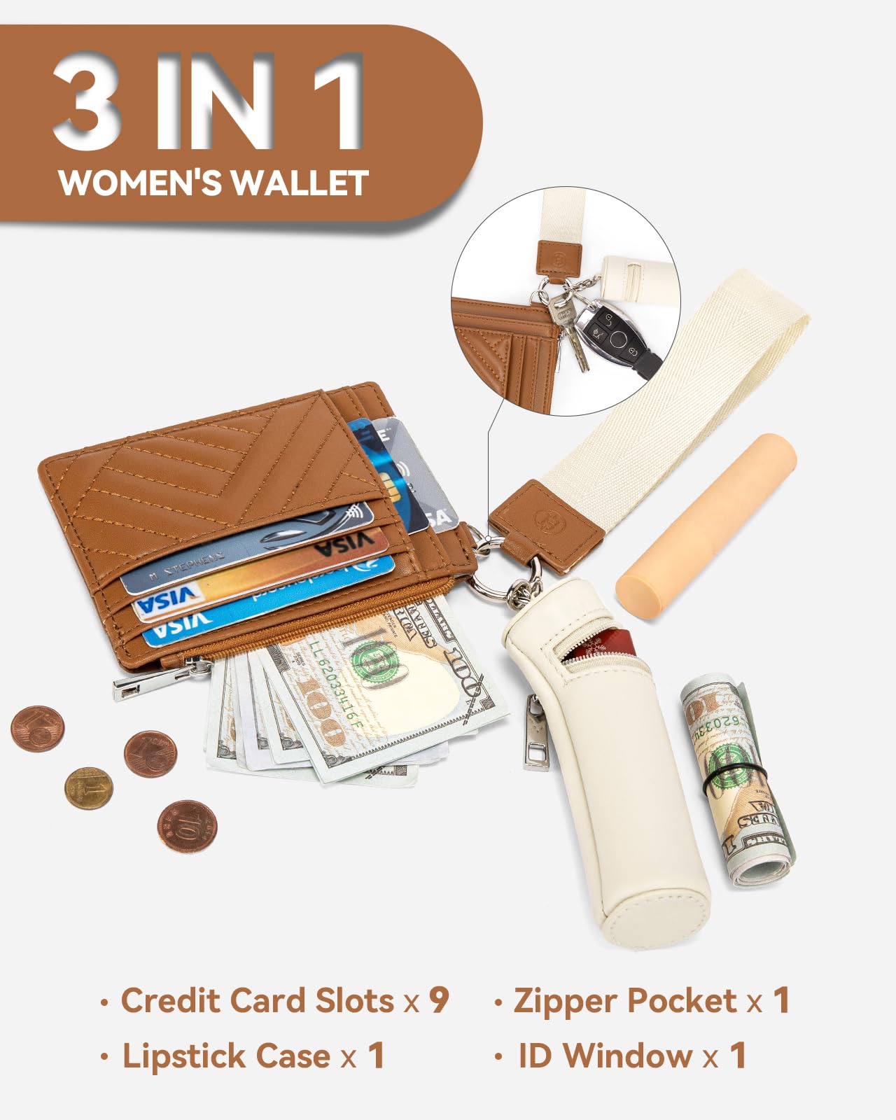 BOSTANTEN Women's RFID Blocking Leather Keychain Wallet - Slim Credit Card Holder with Coin Purse & Lipstick Case (Beige & Brown) | Perfect for Travel, Shopping & Everyday Use