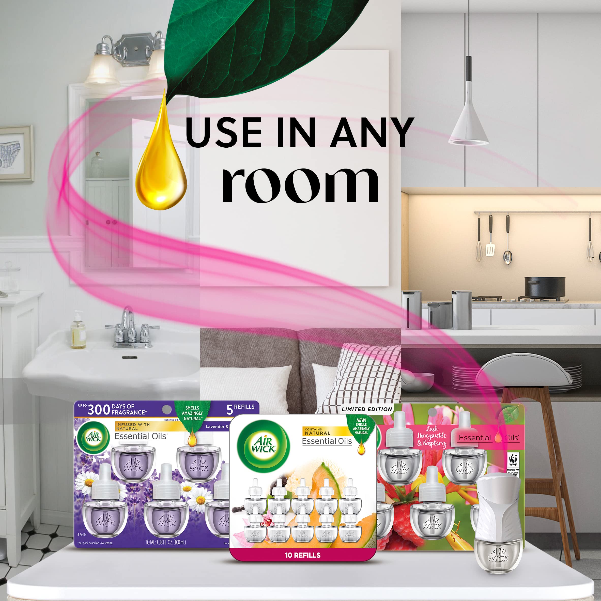 Air Wick Plug in Scented Oil Starter Kit - 2 Warmers + 6 Refills, Lavender & Chamomile Essential Oils | Eco-Friendly Air Freshener for Home, Office & Bedroom | Long-Lasting Fragrance & Relaxing Aroma