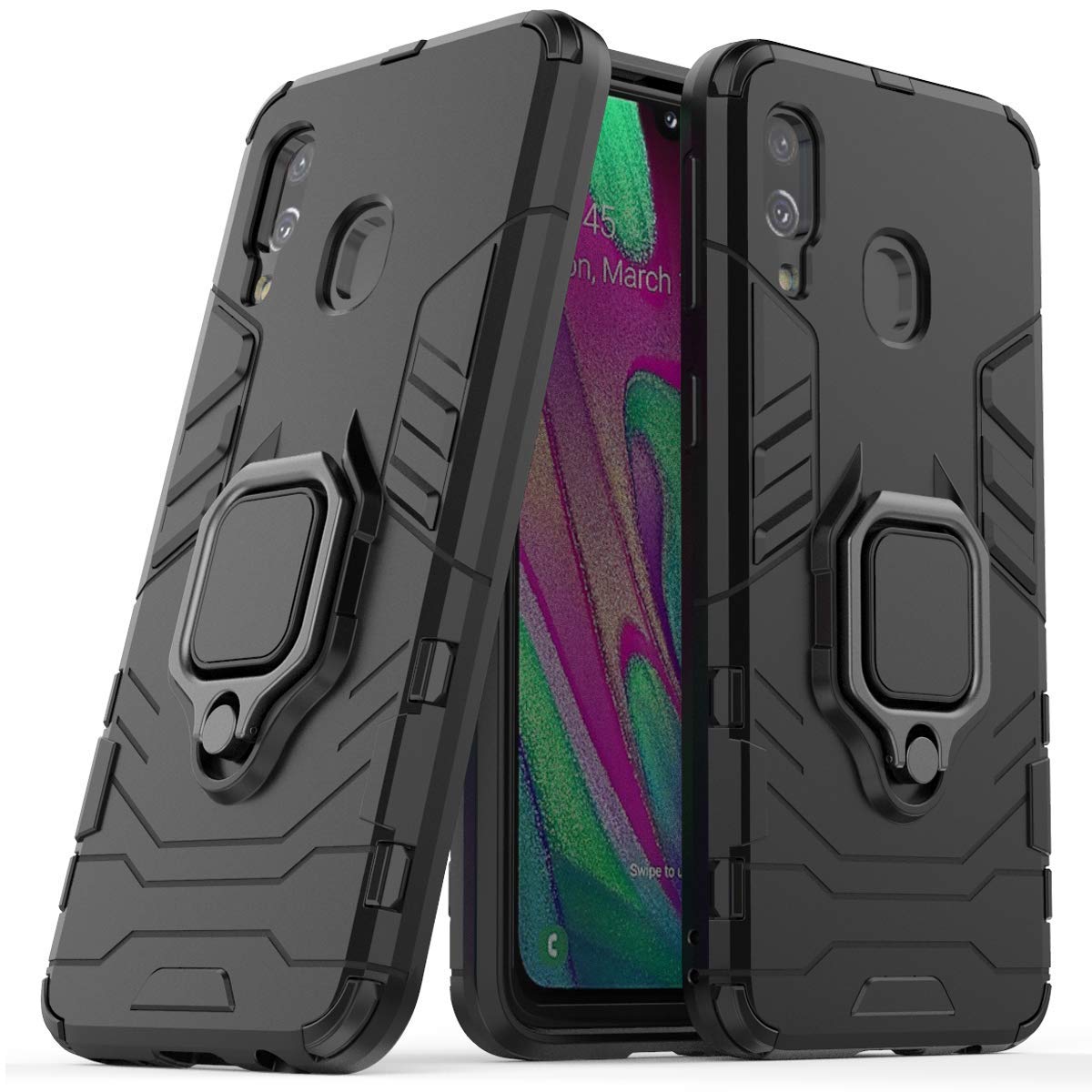 LuluMain Shockproof Rugged Case for Samsung Galaxy A40 - Dual Layer Hard Bumper with Metal Ring Grip & Kickstand | Compatible with Magnetic Car Mount | Perfect for Outdoor Activities, Work & Travel (Black)