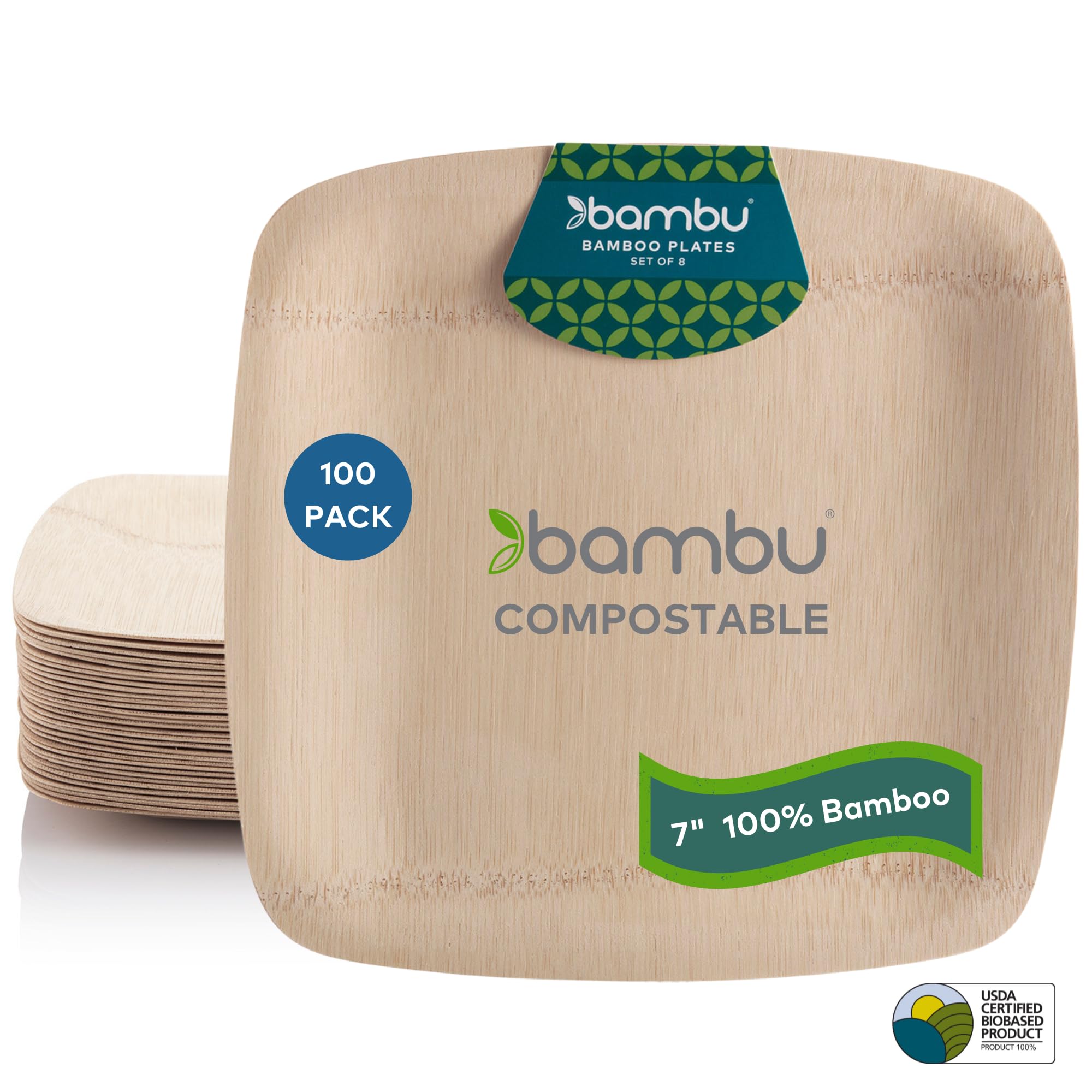 100-Pack 7 Inch Biodegradable Square Bamboo Plates - Eco-Friendly Disposable Plates for Parties, Weddings & Events | Perfect for Outdoor Picnics, BBQ Gatherings & Sustainable Celebrations