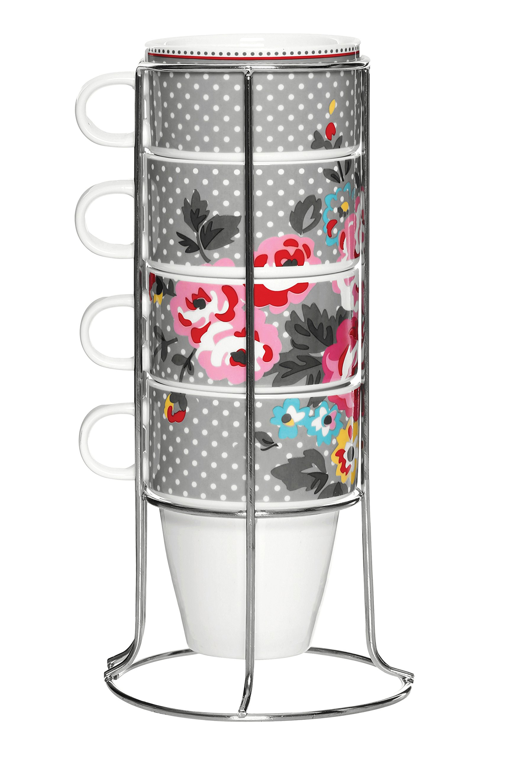 Premier Housewares 4-Piece 330ml Espresso Coffee Cups Set - Bone China with Chrome Stacking Mug Holder (10.5x11x8.5cm Each, 25x11x11cm Stand) - Perfect for Home, Café & Office Use