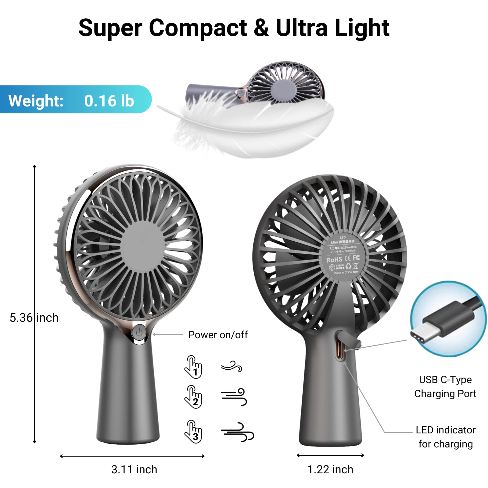 Portable USB Rechargeable Mini Handheld Fan - 3-6 Hours Cooling, Personal Desk Fan for Travel, Office & Outdoor Use | Perfect for Summer, Camping, and Workspaces