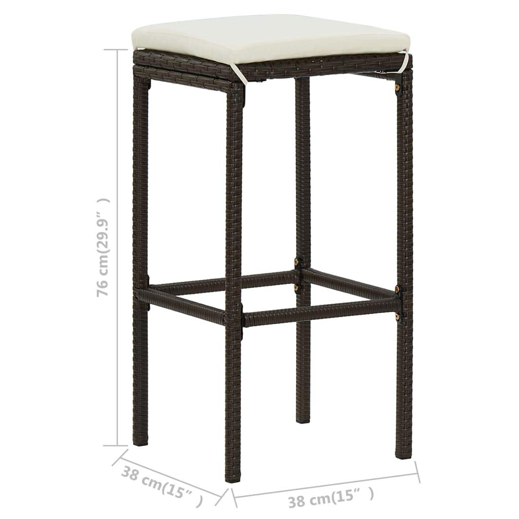 SKM 3-Piece Brown Poly Rattan Bar Stools with Cushions - Comfortable Counter Height Stools for Kitchen Island, Breakfast Nook & Outdoor Patio