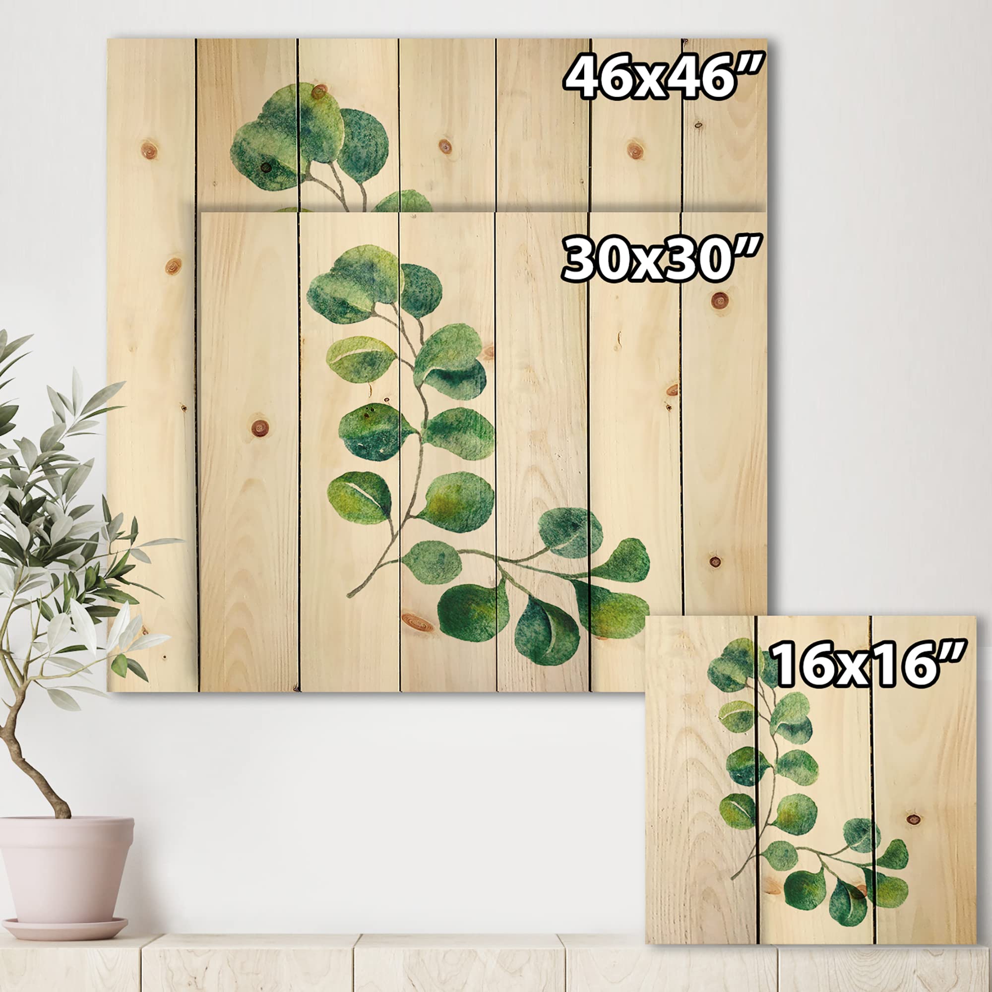 DesignQ Green Eucalyptus Branches Traditional Wood Wall Decor - Handcrafted Pine Wood Art Panel with Floral Print for Living Room, Bedroom & Office Decor