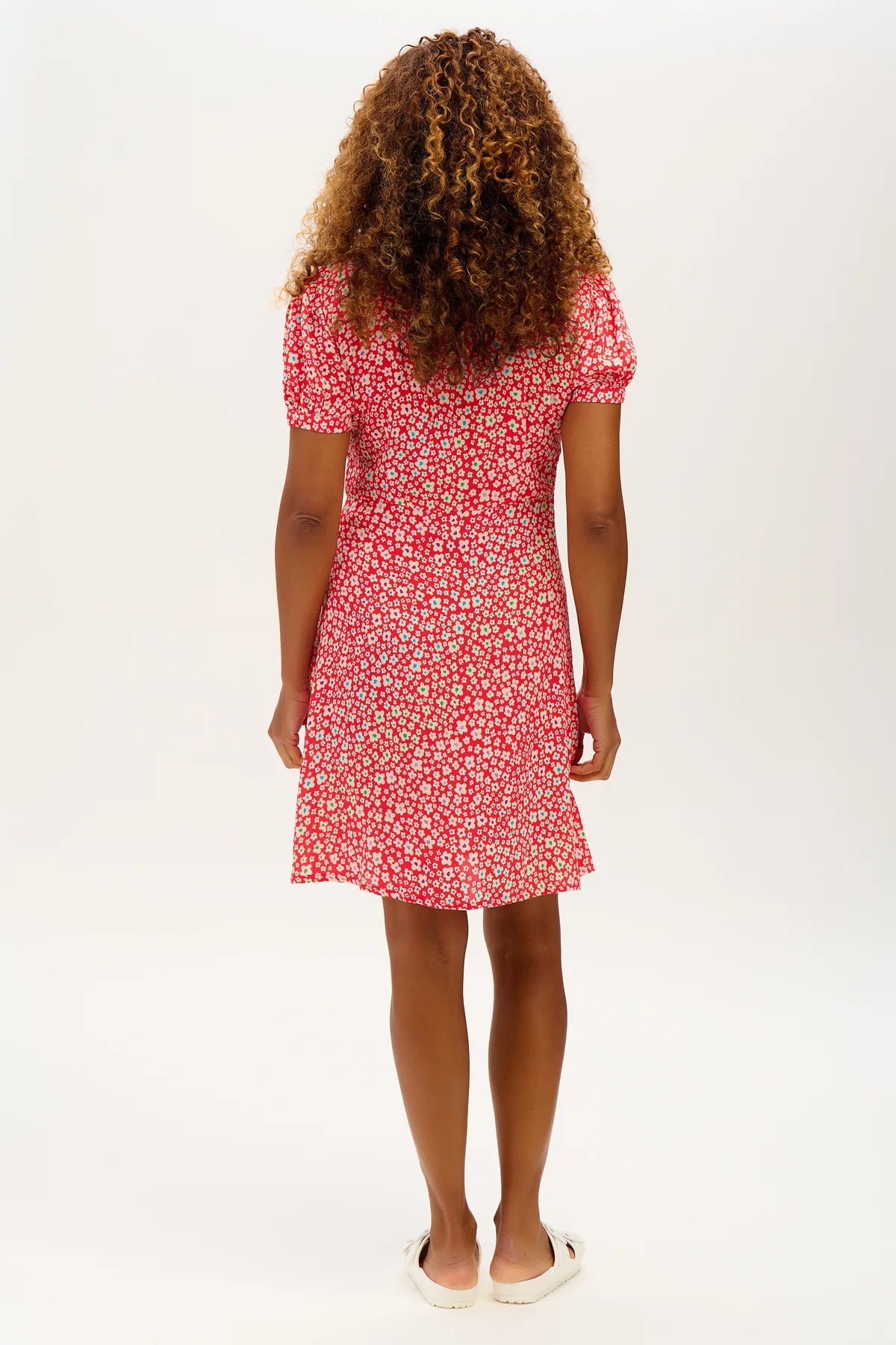 Gail Dress - Red with Rainbow Daisies Floral Print, Women's Summer Casual Sundress for Beach, Vacation & Outdoor Activities