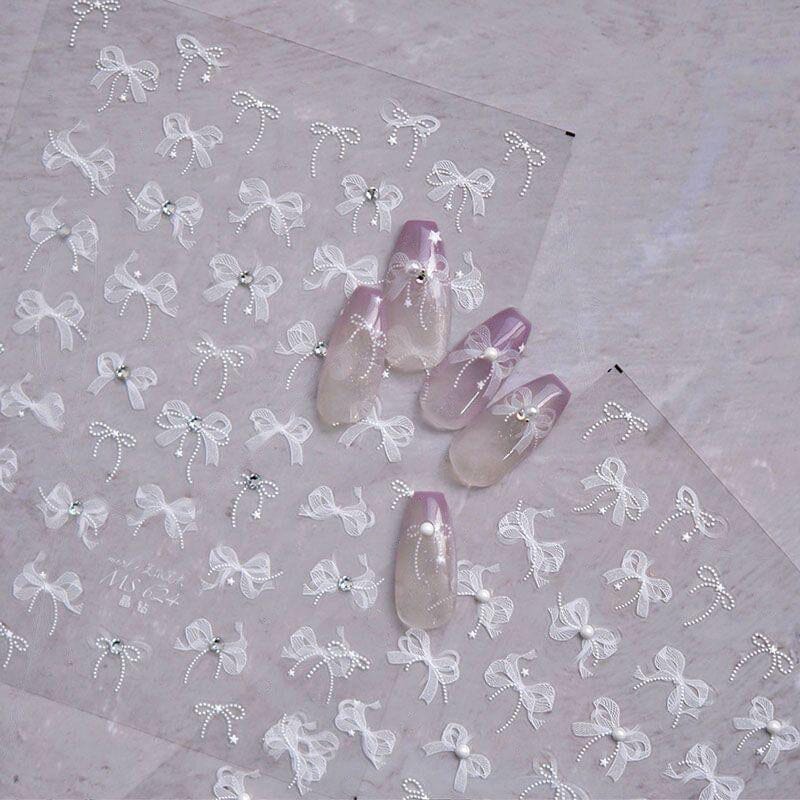 3D White Lace Bowknot Nail Stickers with Rhinestones - T355 #01 for Manicure, Nail Art, and Special Occasions