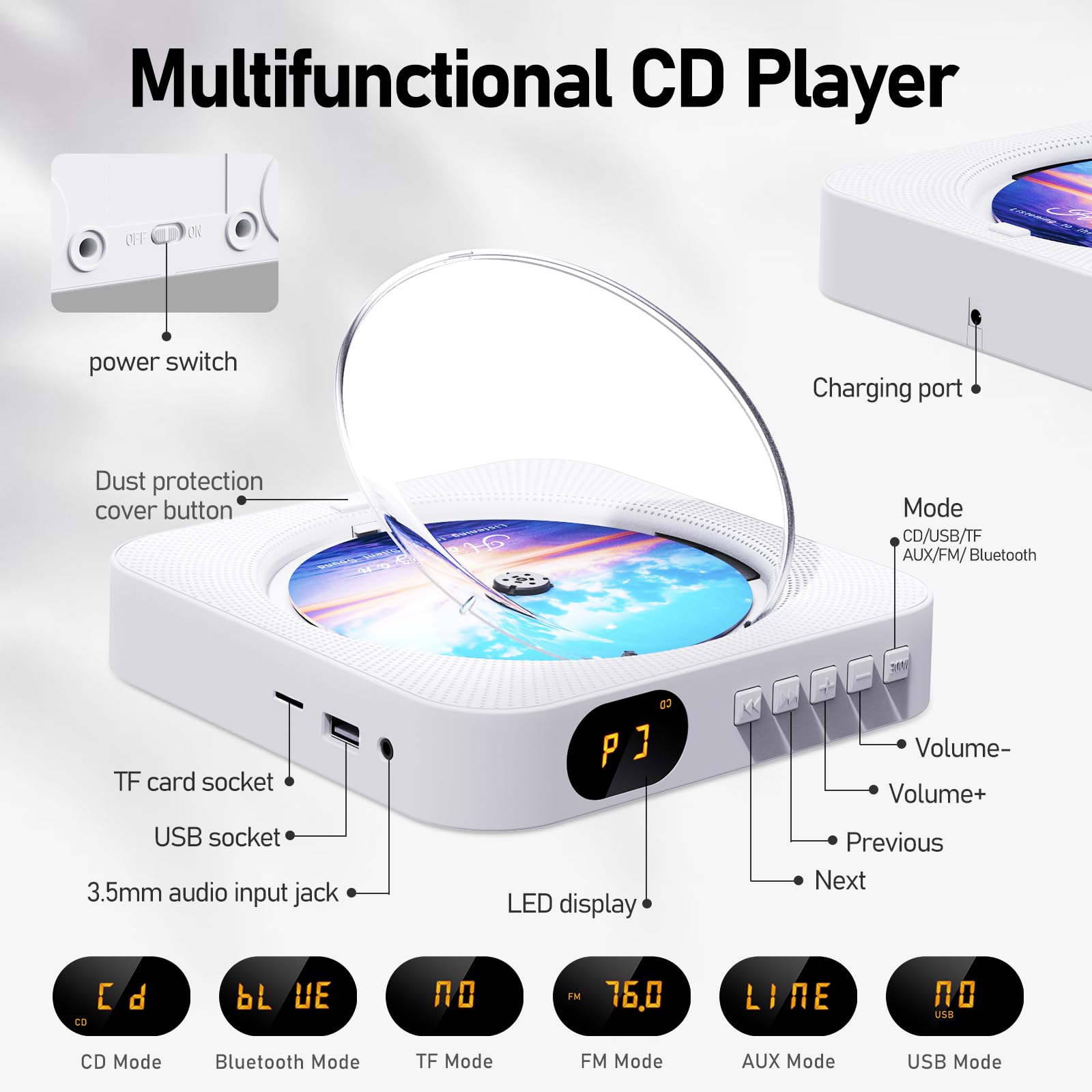 Wireless Bluetooth CD Player with Remote Control, Timer, Built-in Speakers & LED Display - Portable FM Radio Boombox for Home, Office, and Outdoor Use (White) - Perfect for Music Lovers, Parties, and Relaxation