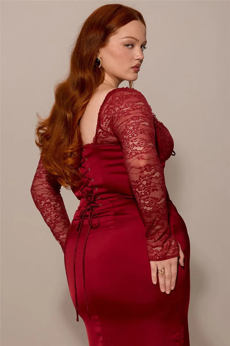 Sexy Backless Long Sleeve Maxi Dress for Women - Solid Square Neck Lace-Up Back Bodycon Club Dress with High Slit | Elegant Evening Wear for Parties, Date Nights & Special Occasions