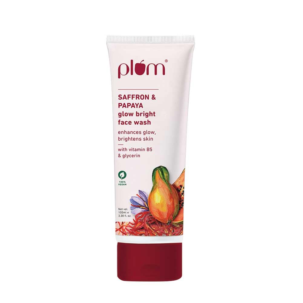 Plum Saffron & Papaya Glow Brightening Face Wash with Vitamin B5 - Hydrating Gel Cleanser for Women & Men | Boosts Radiance, Evens Skin Tone | Non-Drying Formula for All Skin Types | 100ml | Perfect for Morning & Night Skincare Routine
