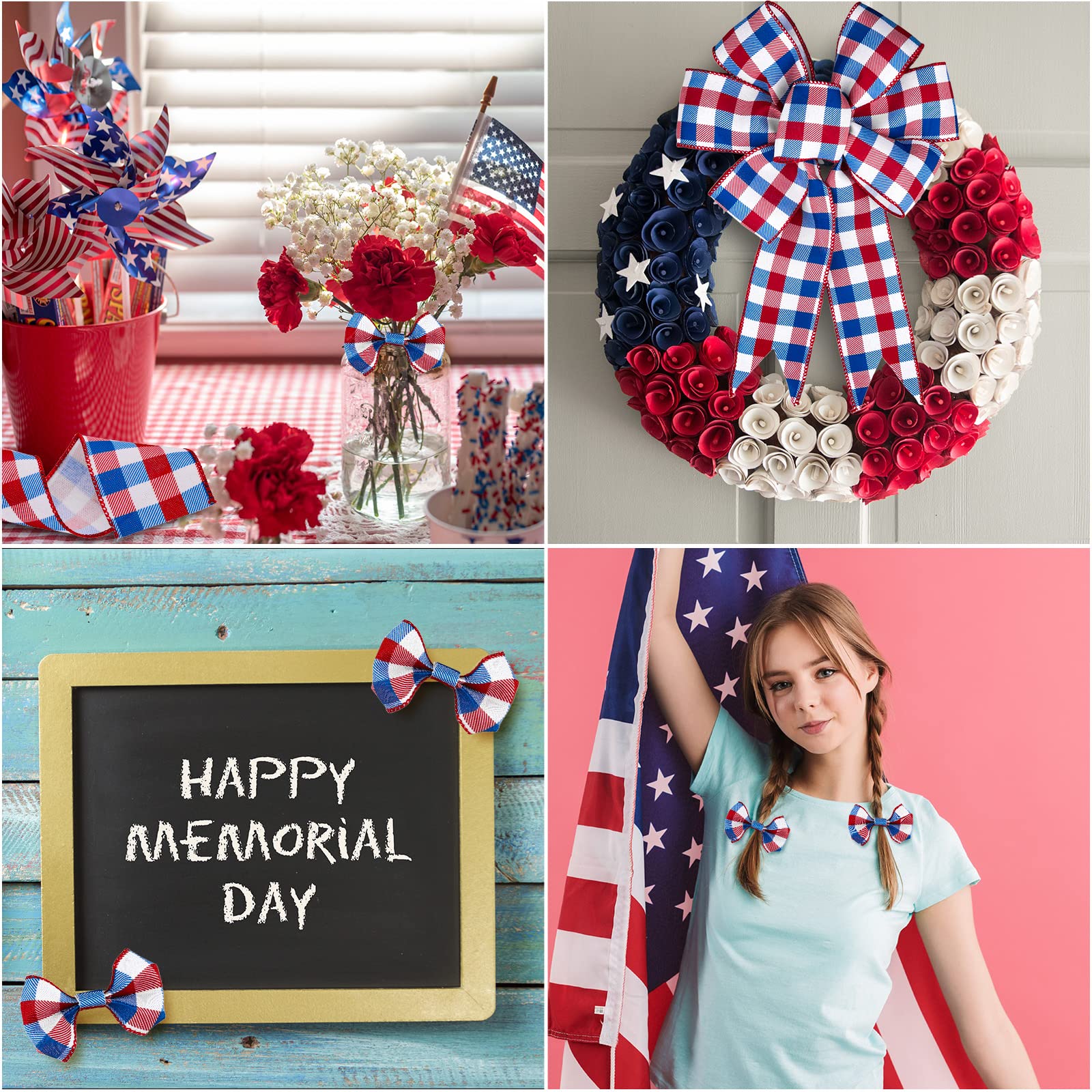 Whaline 2 Rolls Patriotic Buffalo Check Ribbon - Red Blue Plaid Wired Edge Craft Ribbon (2.5 Inch x 10 Yards) for 4th of July Decor, DIY Gift Wrapping, Farmhouse Bow Making & Independence Day Party Supplies