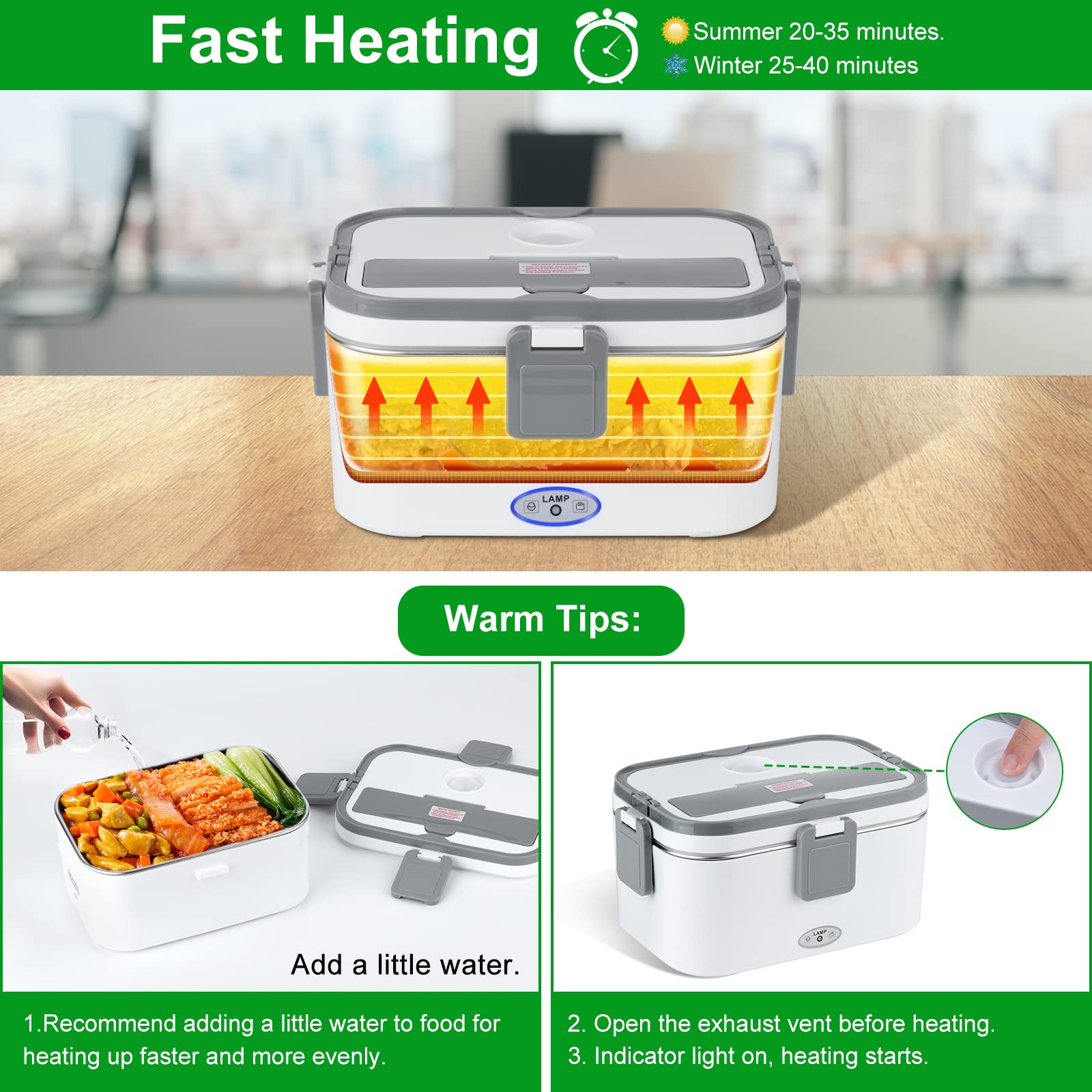 FVW 80W Electric Lunch Box - Portable Food Warmer for Car, Truck & Home - 1.8L 304 Stainless Steel Container with 0.45L Compartment - 12V/24V/110V Self-Heating Meal Box (White & Grey) - Perfect for Commuting, Road Trips & Office Lunch