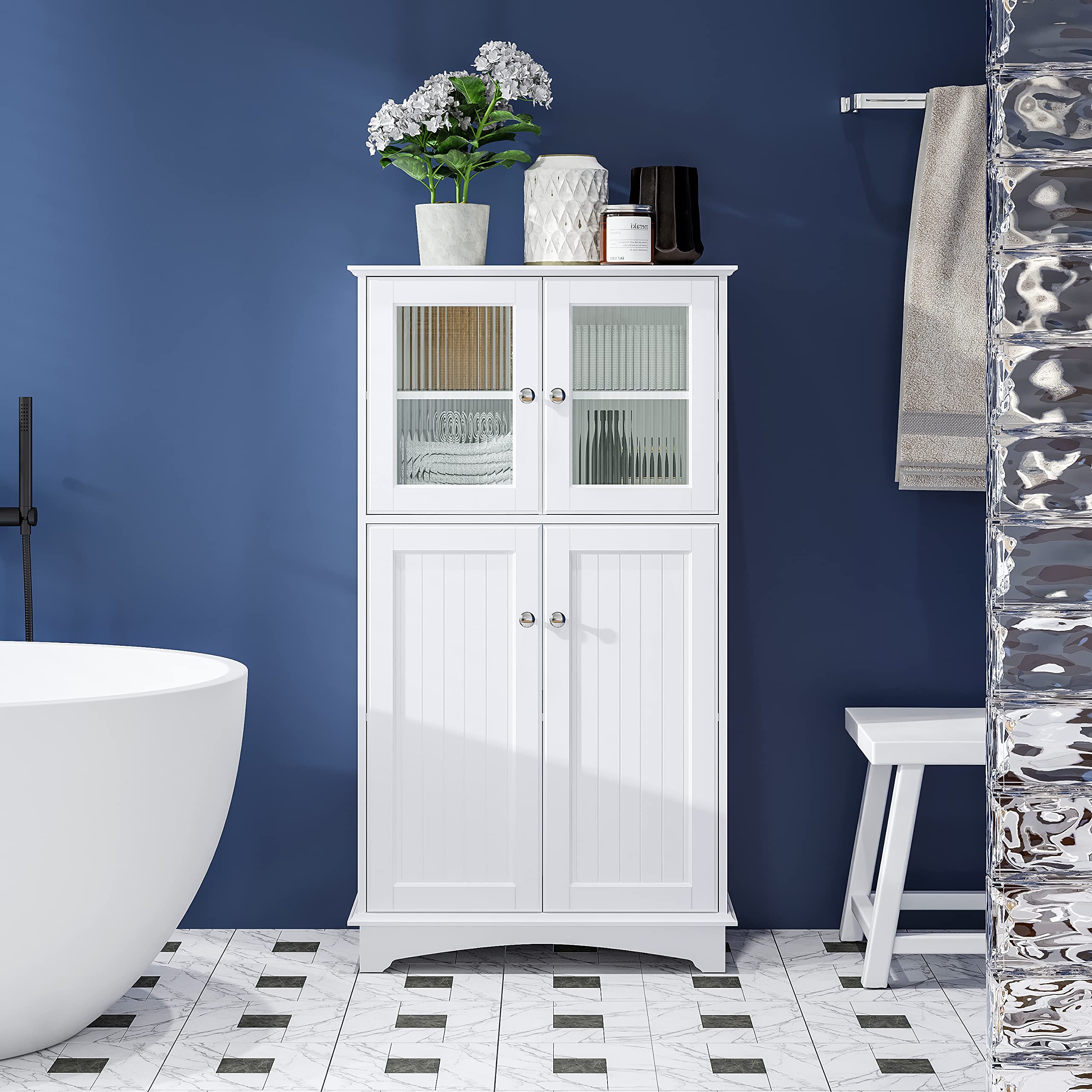 White Wooden Bathroom Storage Cabinet - Freestanding Floor Organizer for Bathroom, Living Room & Bedroom | Space-Saving Home Decor Solution