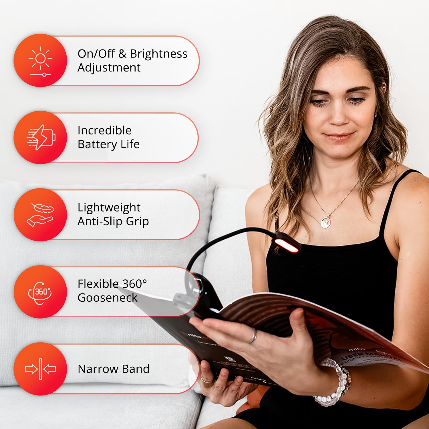 Mito Red Light Therapy Book Light - Rechargeable Clip-On Reading Light with 360° Adjustable Gooseneck - Perfect for Night Reading in Bed, Travel & Study - Portable LED Book Lamp for Kids & Adults