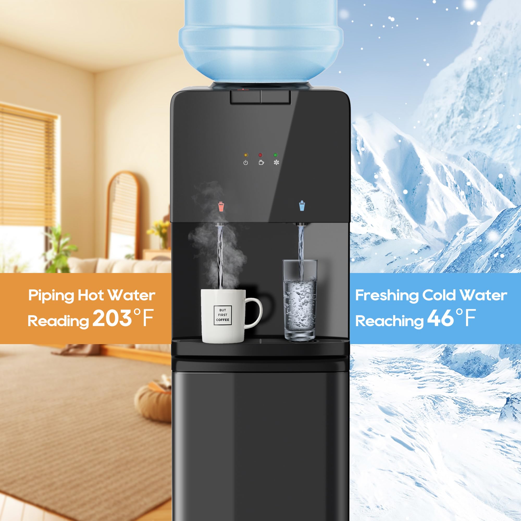 Hot & Cold Top Loading Water Dispenser - 3/5 Gallon Water Cooler with Removable Drip Tray, 3 Temperature Settings & Child Safety Lock | Perfect for Home, Office & Living Room | Compact Storage Cabinet for Easy Organization