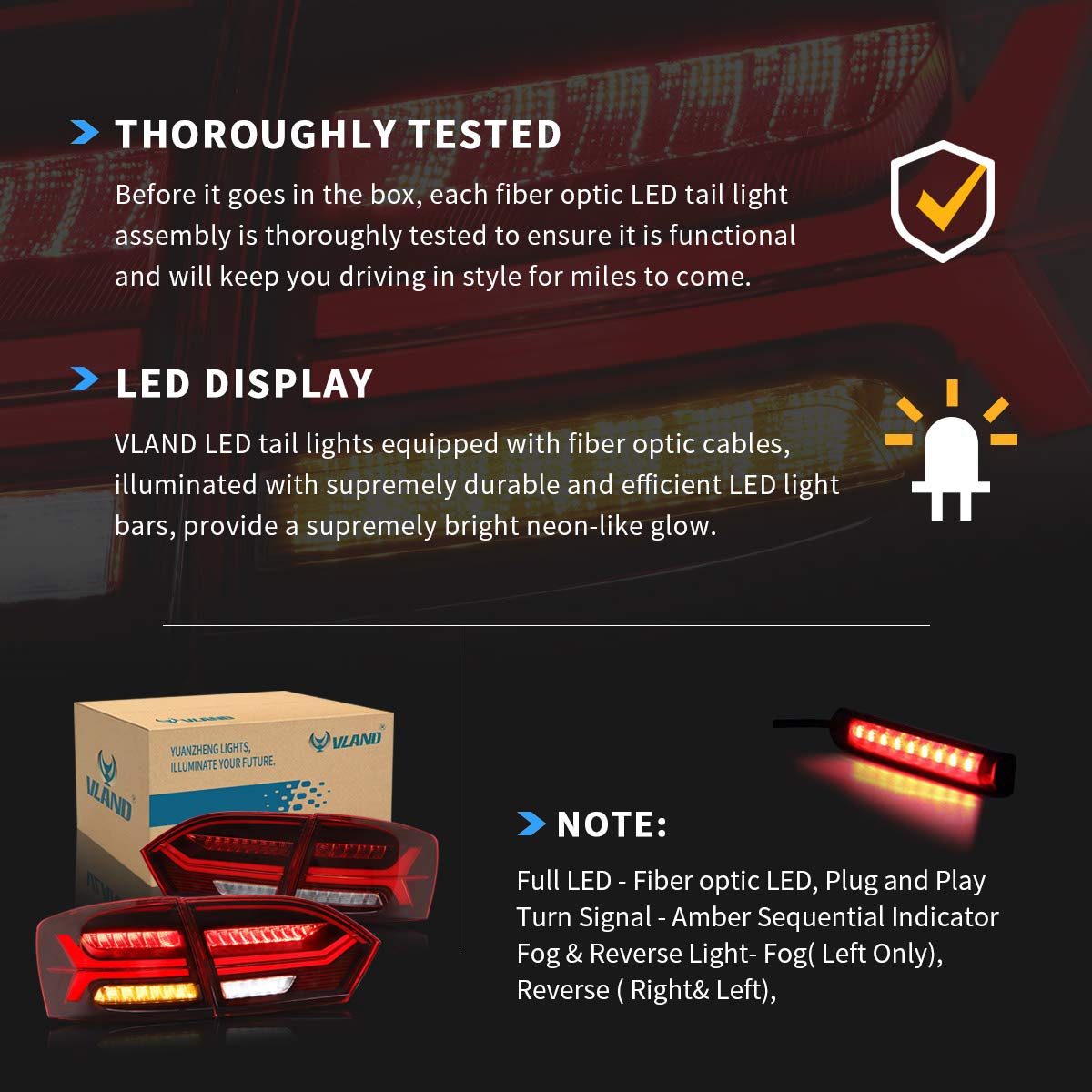 VLAND Full LED Tail Lights Compatible with Volkswagen Jetta 2011-2014 & Sagitar 2012-2015 (Excludes GLI & LED Versions) - Sequential Turn Signals with Left Fog Light - Upgrade Your Car's Rear Lighting for Night Driving & Enhanced Safety