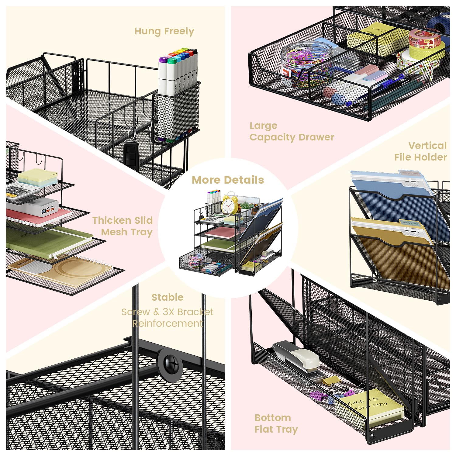Wattne 4-Tier Mesh Desk Organizer with File Holder, Drawer & Pen Holder - Office Paper Letter Tray, Magazine Rack for Home & Workspace Supplies | Perfect for Organizing Documents, Stationery & Office Essentials