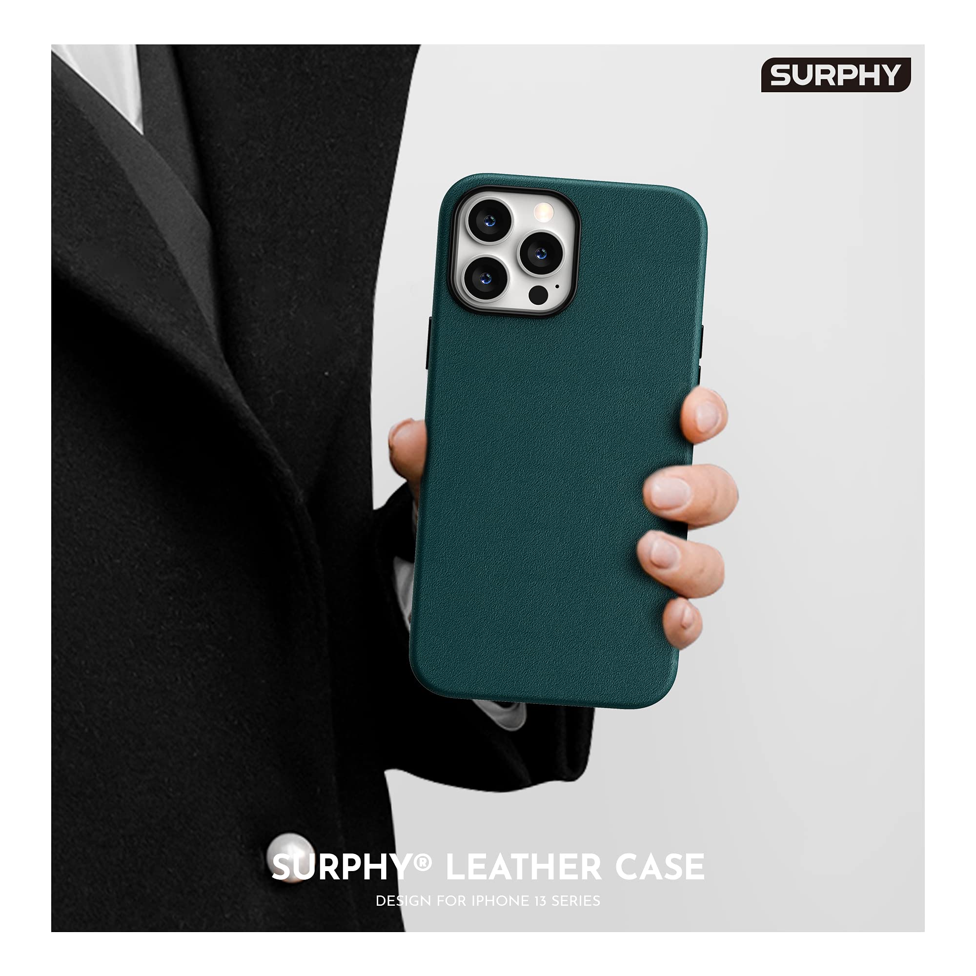 Premium Faux Leather iPhone 13 Pro Max Case (6.7 inch 2021) - SURPHY Slim Protective Phone Cover with Metallic Buttons & Soft Microfiber Lining | Teal Green | Perfect for Work, Travel & Everyday Use
