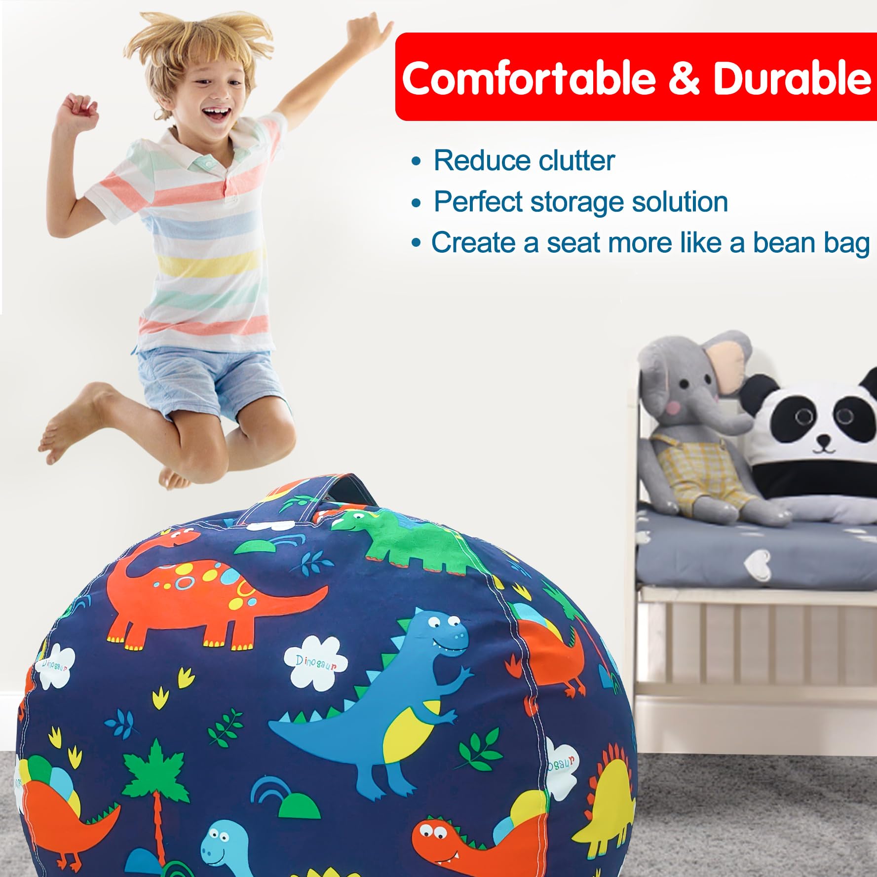 Dinosaur Stuffed Animal Storage Bean Bag Chair Cover for Kids - Large Plush Toy Organizer with Zipper for Toddler & Kids' Rooms - Perfect for Playrooms, Bedrooms & Daycare Centers