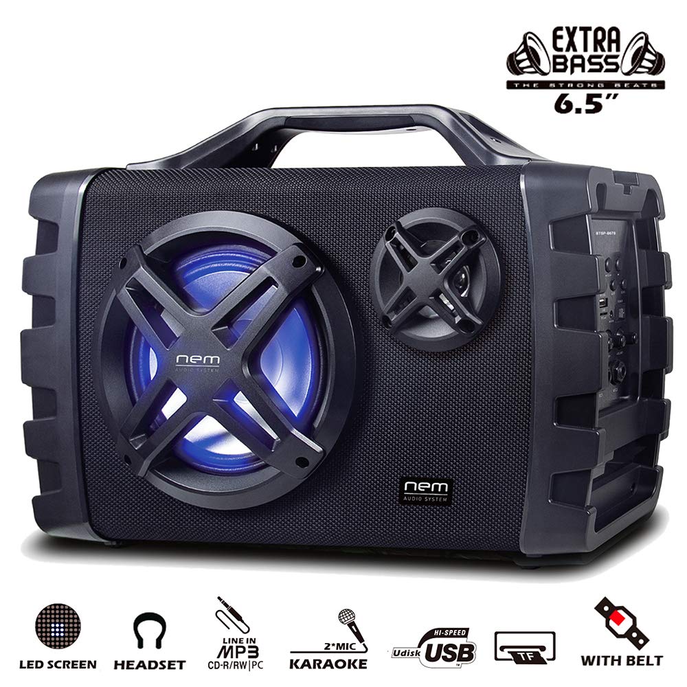 Premium NEM Mobi7e Portable Bluetooth Speaker with Powerful Bass, USB Recording, Rechargeable Battery, AUX/TF Card Input, FM Radio, MP3 Playback, Mic & Guitar Ports, LED Lights (Black) - Perfect for Outdoor Parties, Travel, Home Entertainment & Karaoke Nights