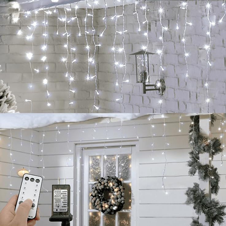 YOLIGHT 16.5ft 192 LED Outdoor Icicle Christmas Lights with Remote Control - 8 Lighting Modes, Waterproof Twinkle Curtain Lights for Home, Garden, Roof, Wedding, Party & Halloween Decorations (White) | Perfect for Indoor/Outdoor Holiday, Christmas Tree, Patio, and Landscape Lighting