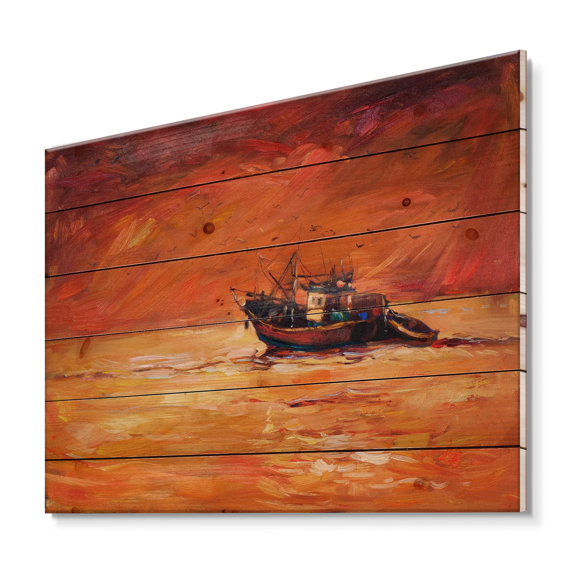 DesignQ Sunset Fishing Boat Nautical Wood Wall Art - Coastal Home Decor, Large Orange Wooden Panel Print on Natural Pine - Perfect for Living Room, Bedroom, or Office Wall Decoration