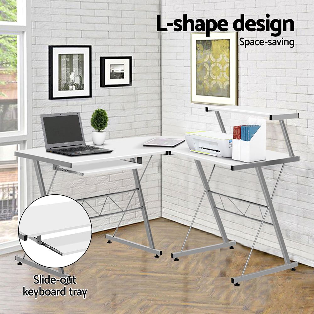 White Corner Metal Pull Out Table Desk - Space-Saving Home Office & Kitchen Workstation for Small Spaces