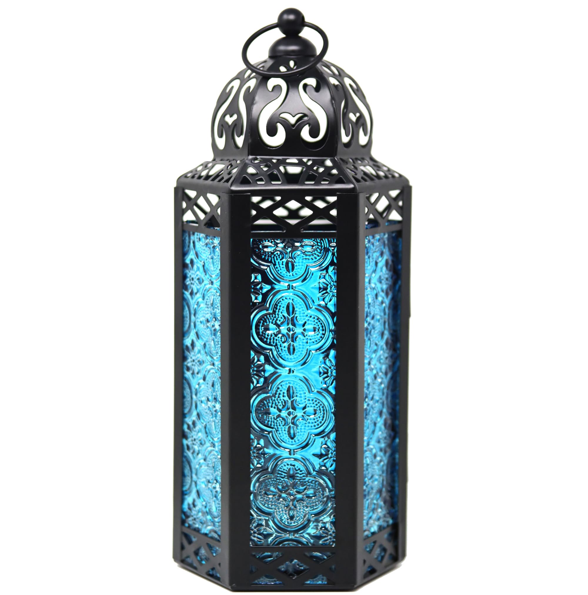 VELA Moroccan Candle Lantern - Black Metal & Blue Glass Table or Hanging Lamp for Ramadan Decor, Home Decor, Weddings - Indoor & Outdoor Use for Patio, Porch, Living Room, Garden