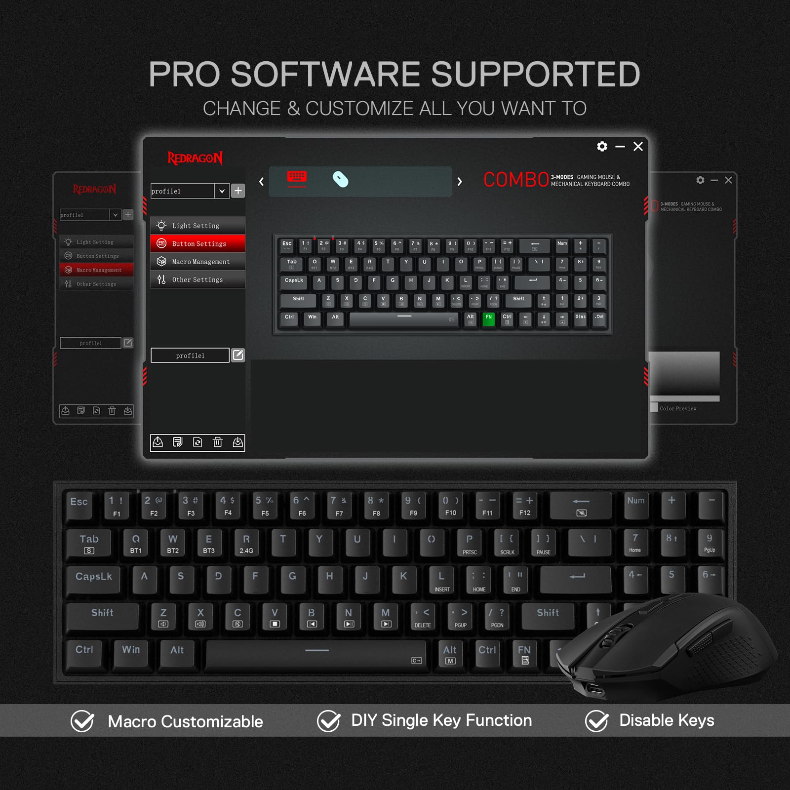 Redragon S136 Wireless Gaming Keyboard & Mouse Combo - 75% K628 Tri-Mode RGB Mechanical Keyboard with 7200 DPI Wireless Gaming Mouse, Shared USB Dongle | Perfect for PC Gaming, Esports & Home Office Setup