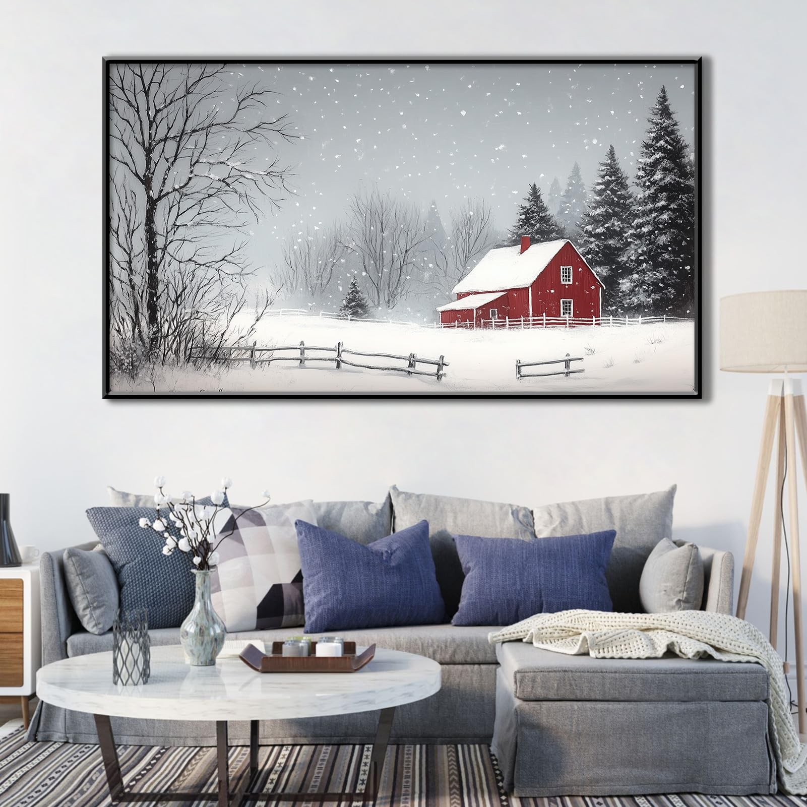 Farmhouse Winter Canvas Wall Art - Snowy Landscape with Red Barn & Trees - Gold Framed 23x13 inch (60x35cm) - Perfect for Living Room, Bedroom & Office Decor