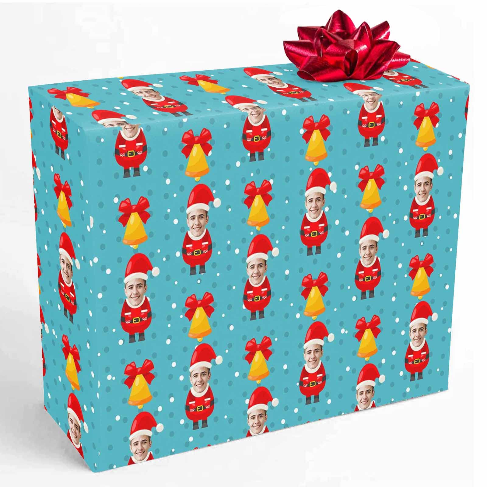 Custom Personalized Photo Gift Wrapping Paper - Santa & Jingle Bell Design - 58x23 Inch Roll (5-Pack) for Birthdays, Christmas Gifts - Perfect for Women, Men, Kids, Babies & Holiday Presents