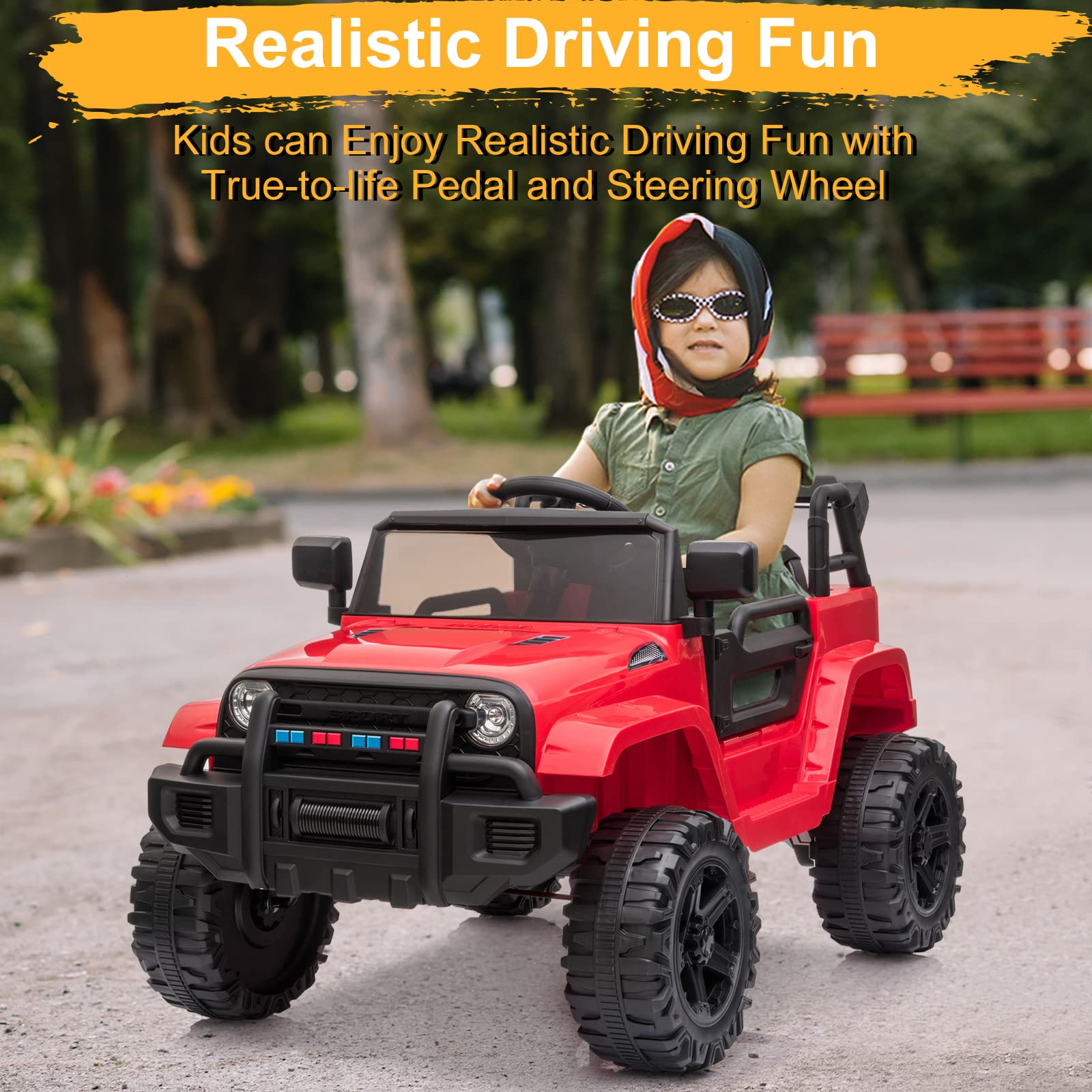 **12V Kids Electric Ride-On Truck with 2.4G Remote Control – 3 Speeds, Spring Suspension, LED Lights, Horn & Music Player – Safe for Ages 3-5 (Red) – Perfect for Outdoor Play, Birthday Gifts & Family Fun**