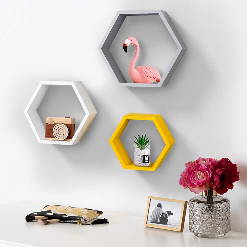 Hexagon Floating Shelves Set of 3 - White, Grey & Yellow Wooden Wall Mounted Shelves for Home Decor | Wall Organizer for Living Room, Bedroom & Office Storage