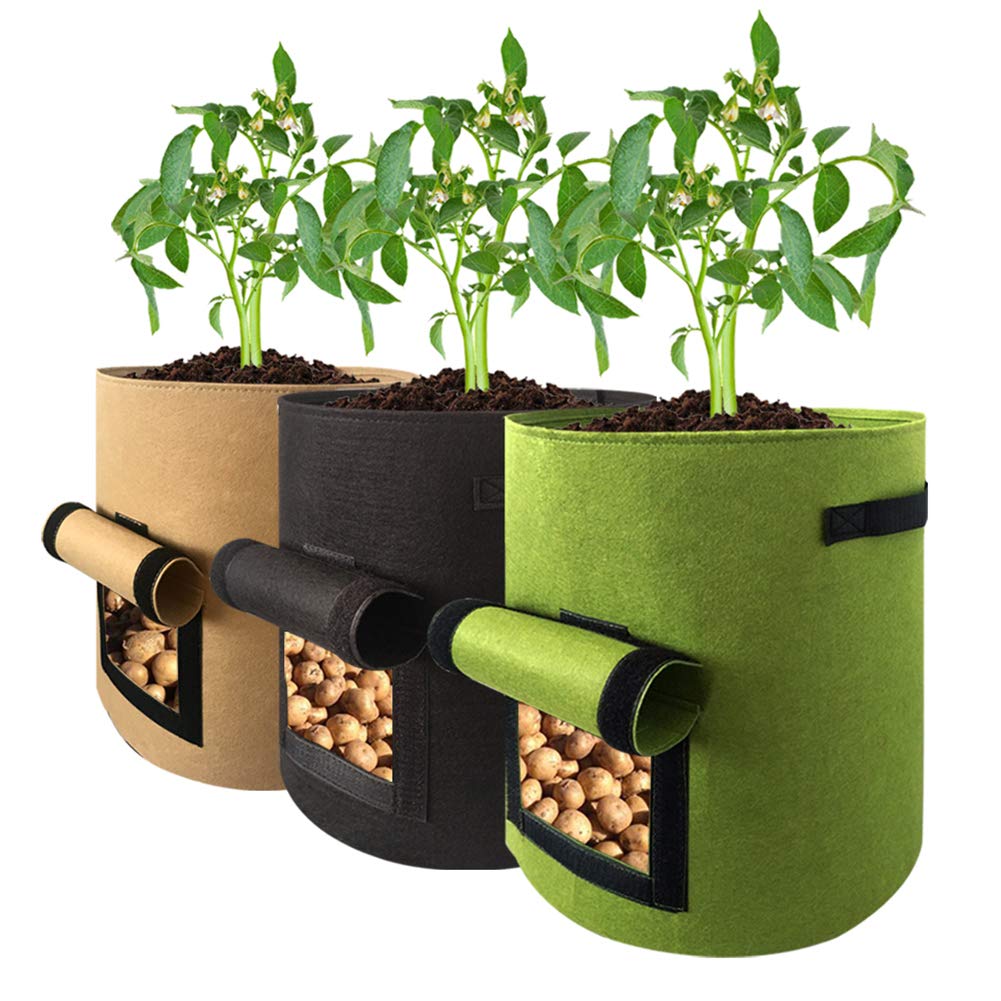 3-Pack YHNJI 7 Gallon Potato Grow Bags with Flap & Handles - Breathable Fabric Plant Pots for Tomatoes, Vegetables & Outdoor Gardening - Perfect for Patio, Balcony & Backyard Planting