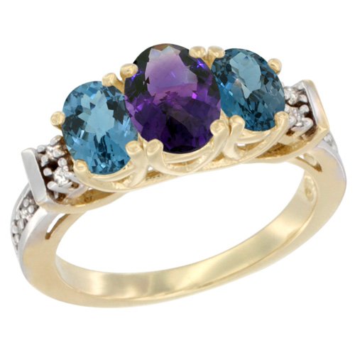 14K Yellow Gold Natural Amethyst & London Blue Topaz Ring with 3-Stone Oval Diamond Accent - Elegant Birthstone Jewelry for Women, Perfect Gift for Anniversary, Valentine's Day & Special Occasions