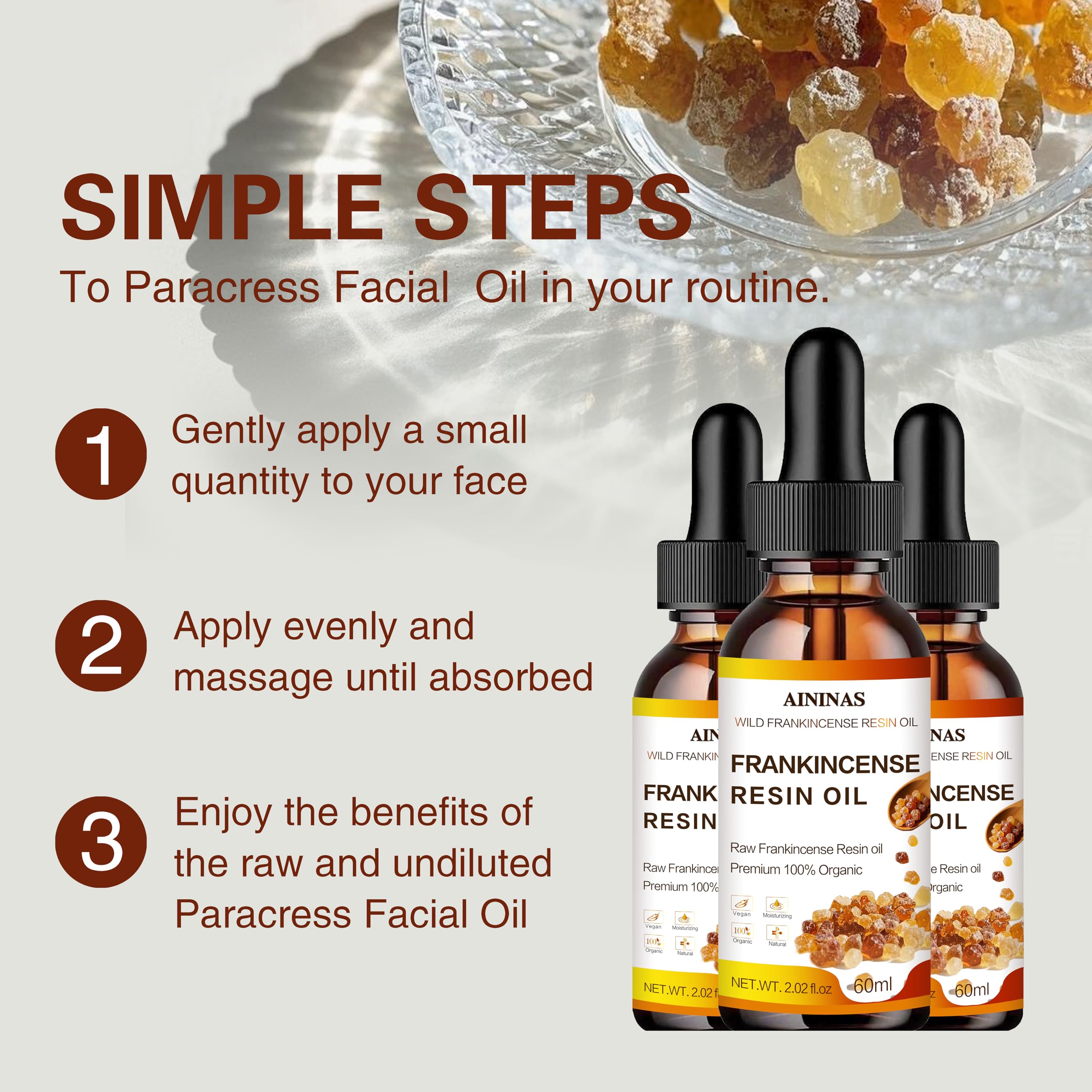 AININAS Organic Frankincense Resin Facial Oil - Anti-Aging Serum for Women & Men, Reduces Wrinkles & Fine Lines, Deep Hydration for Face & Body - 2 Fl Oz - Perfect for Night Routine & Dry Skin Care